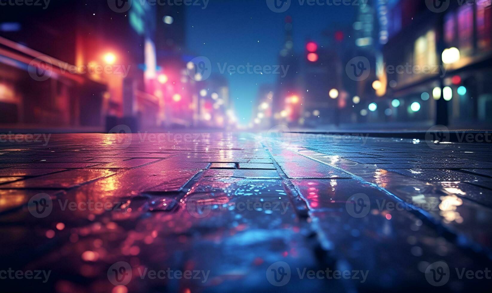 wet city street with blurry lights background, ai generative photo