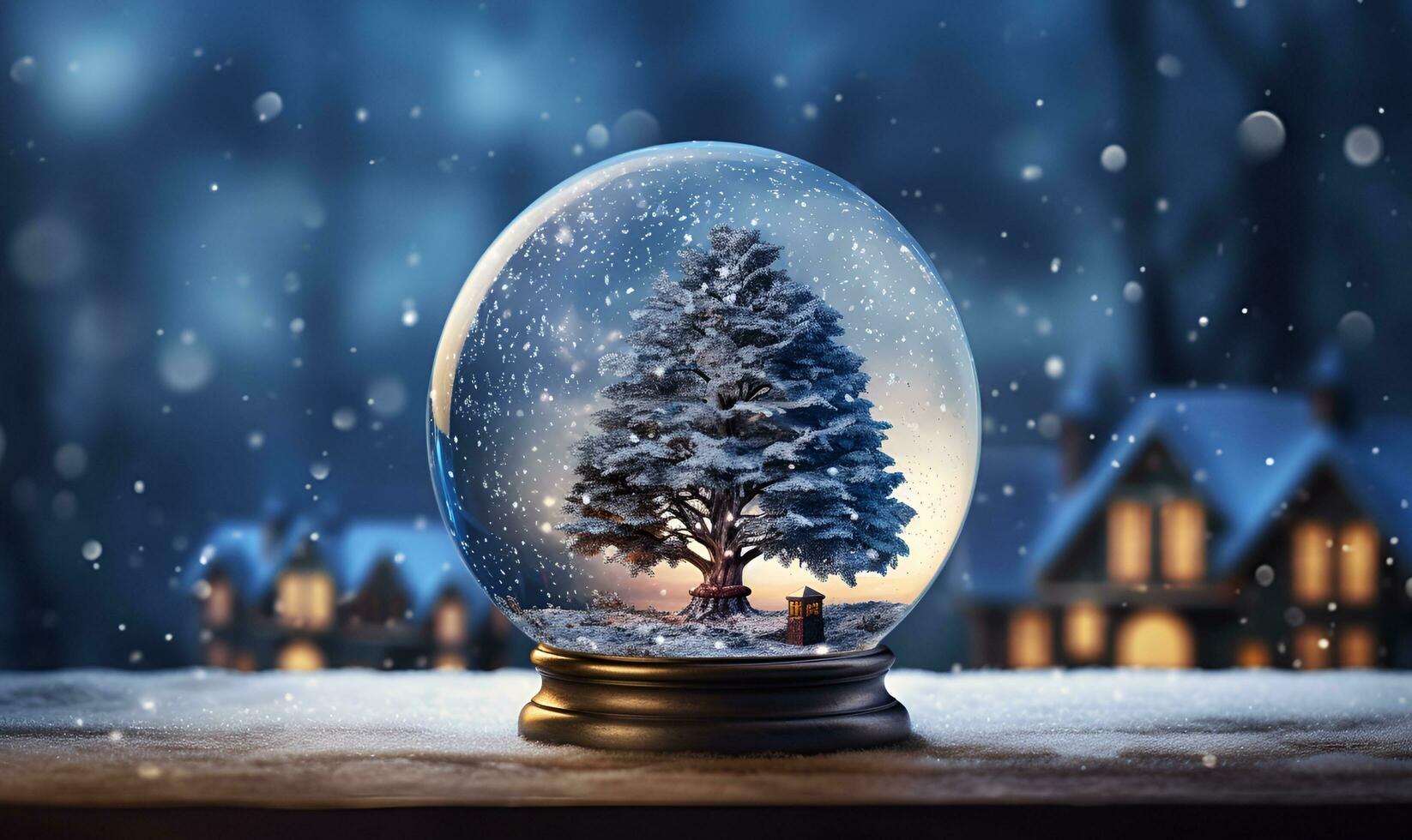 snowfall house and tree inside glass ball, ai generative photo