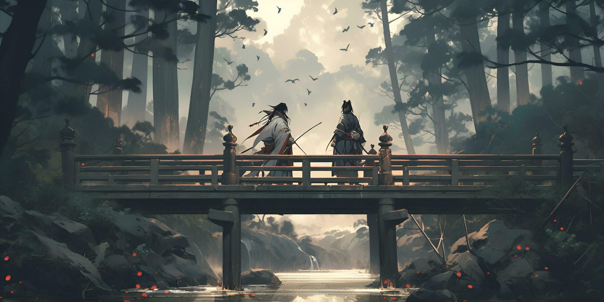 painting of two samurai fighting on a bridge, ai generative photo