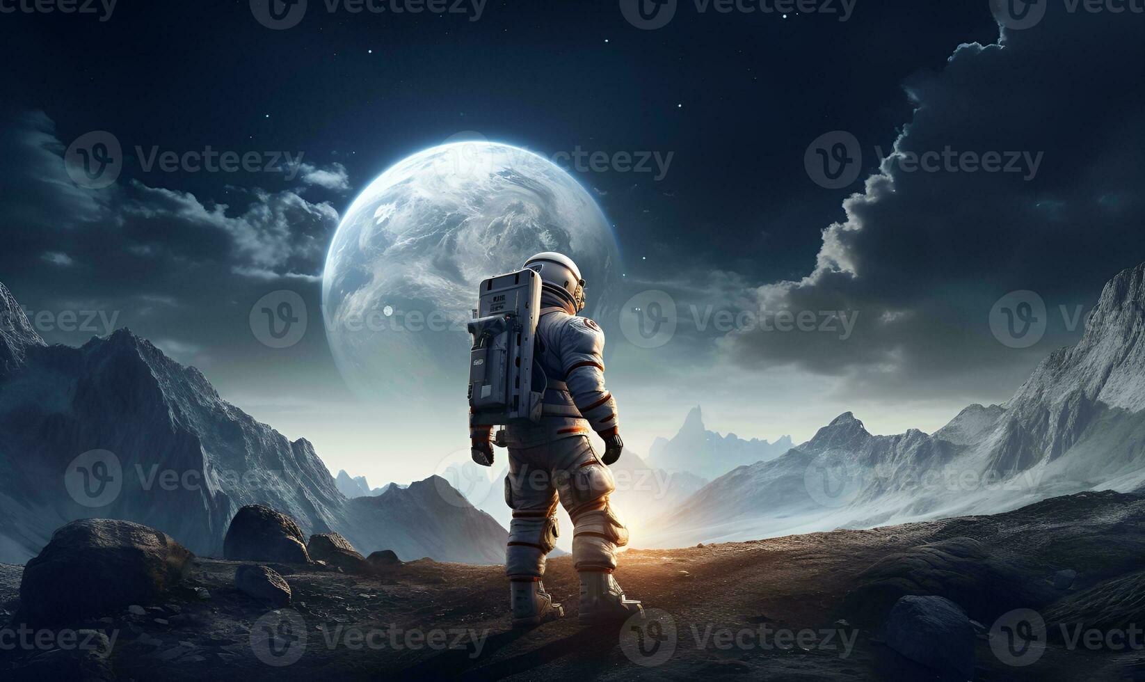 astronaut exploring extraterrestrial planets or moon, ai generative photo