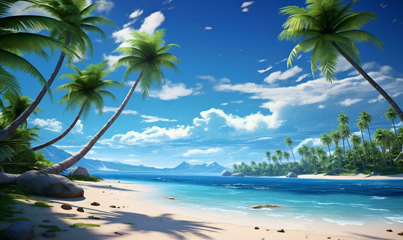 travel art background of beach and coconut trees, ai generative photo