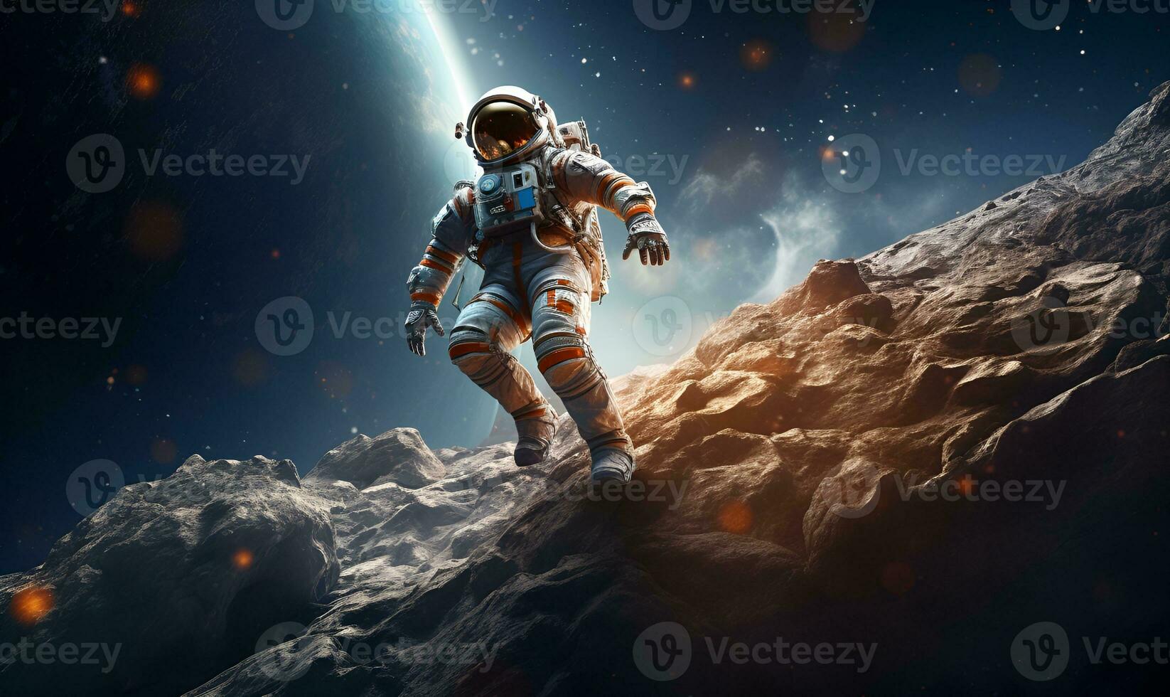 astronaut exploring extraterrestrial planets or moon, ai generative photo