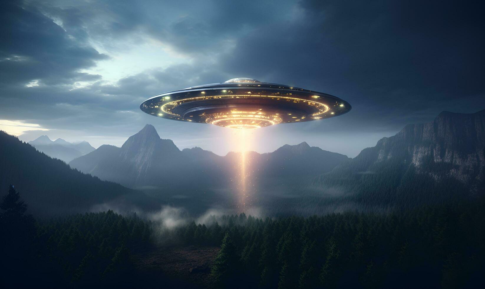 ufo with elevate beam in forest, ai generative photo