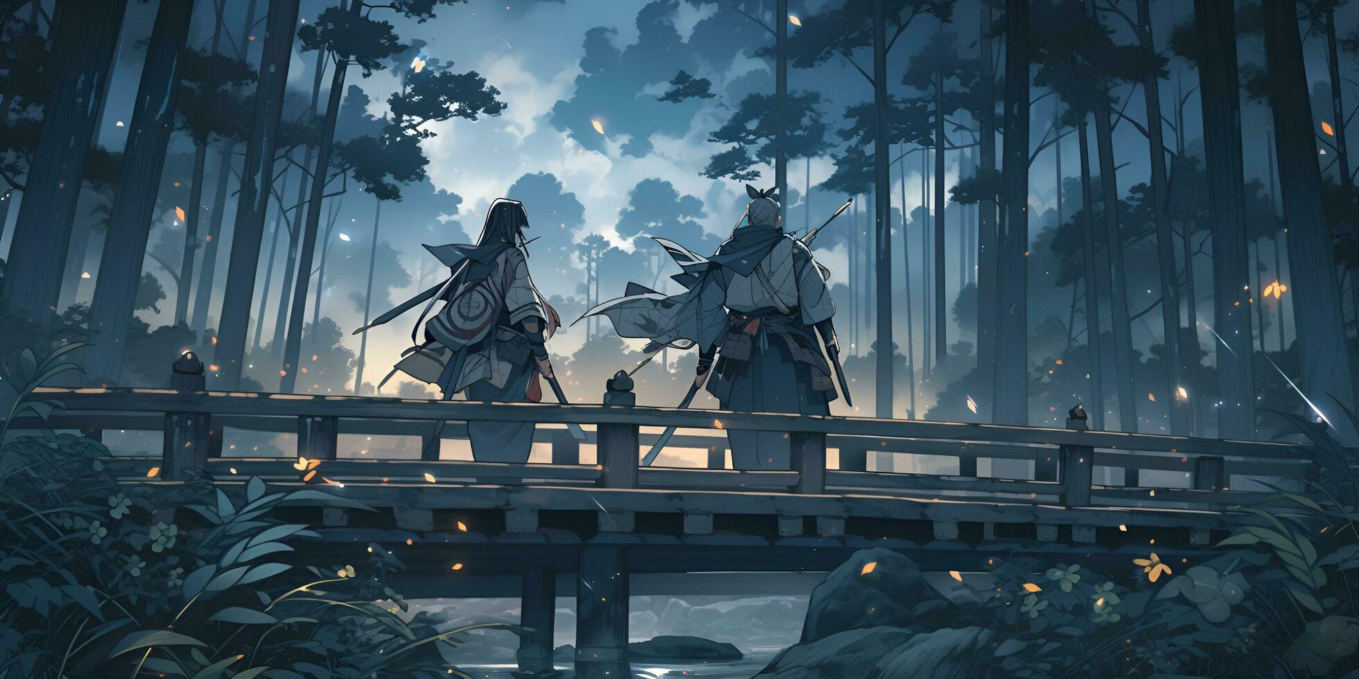 painting of two samurai fighting on a bridge, ai generative photo