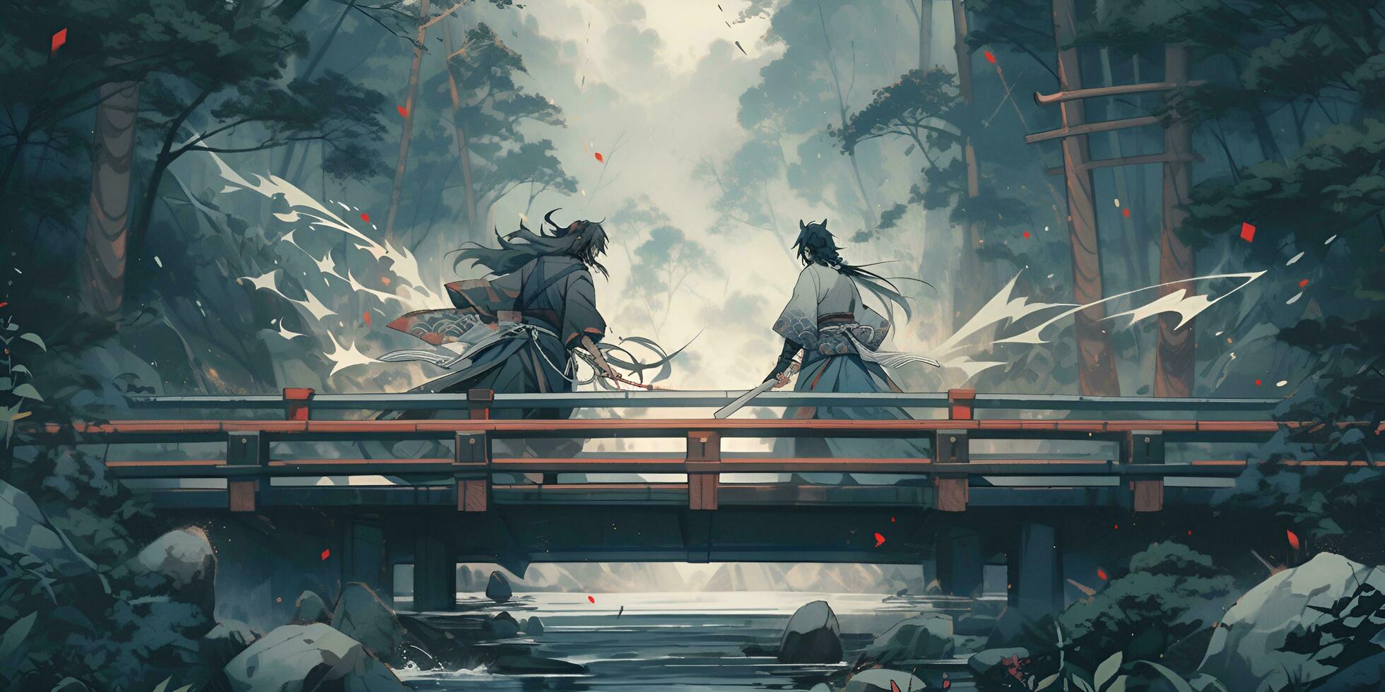 painting of two samurai fighting on a bridge, ai generative photo