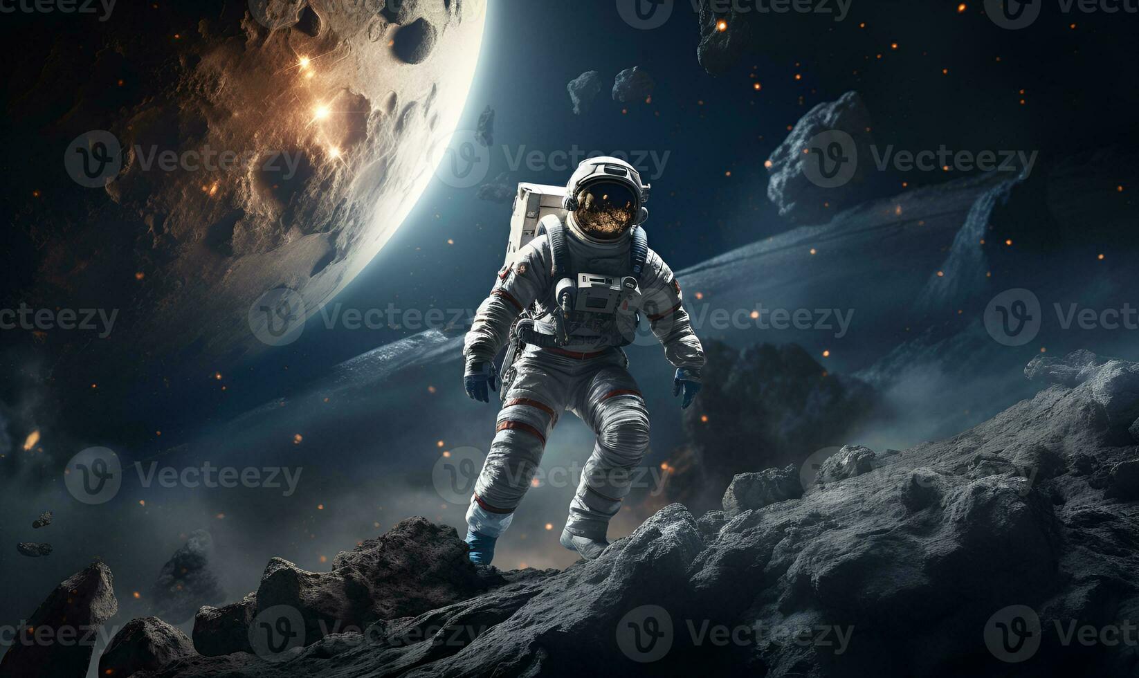 astronaut exploring extraterrestrial planets or moon, ai generative photo