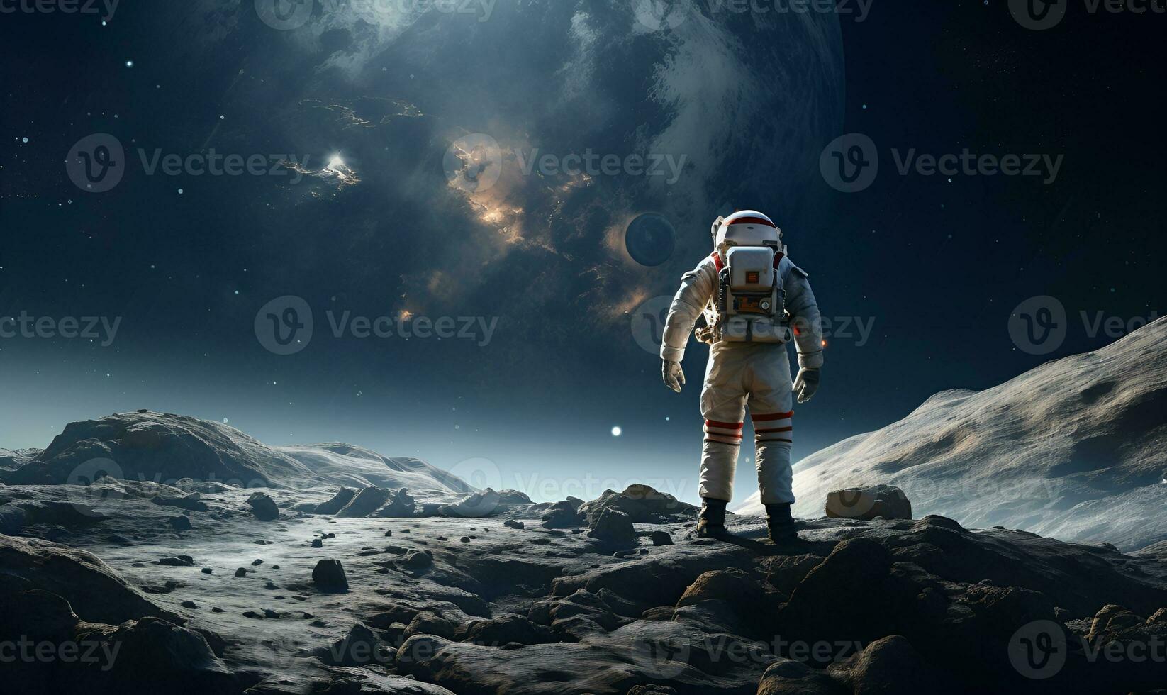 astronaut exploring extraterrestrial planets or moon, ai generative photo