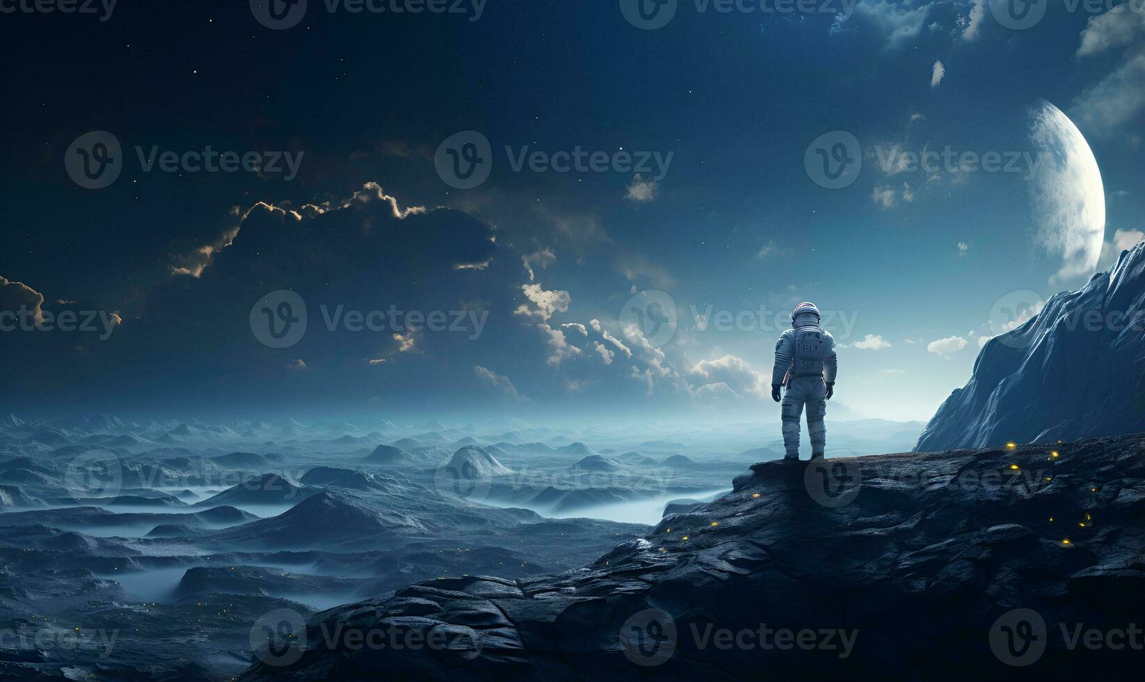 astronaut exploring extraterrestrial planets or moon, ai generative photo