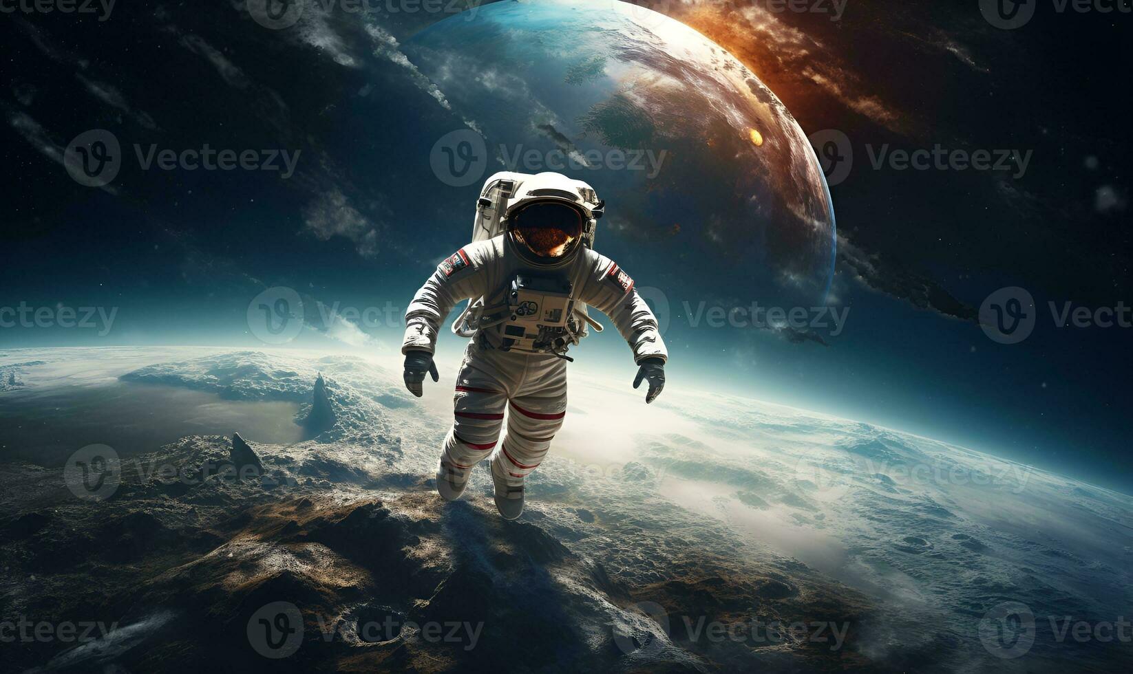 astronaut exploring extraterrestrial planets or moon, ai generative photo