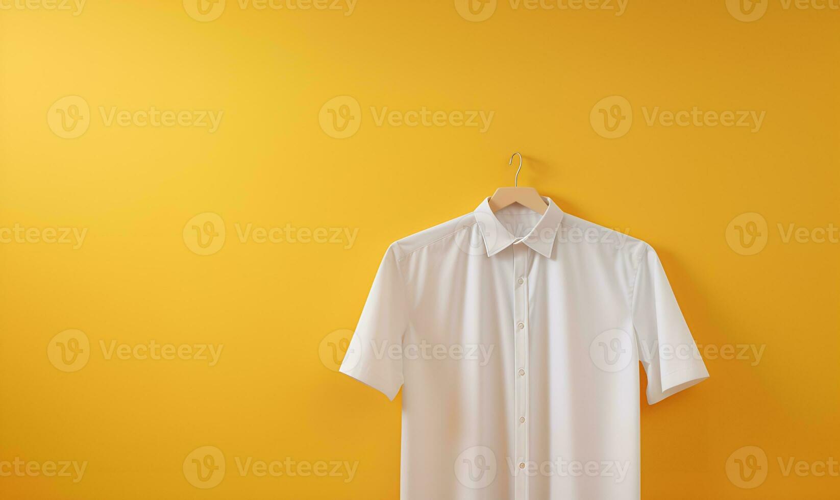 blanco camisa colgando en amarillo pared Copiar espacio, ai generativo foto