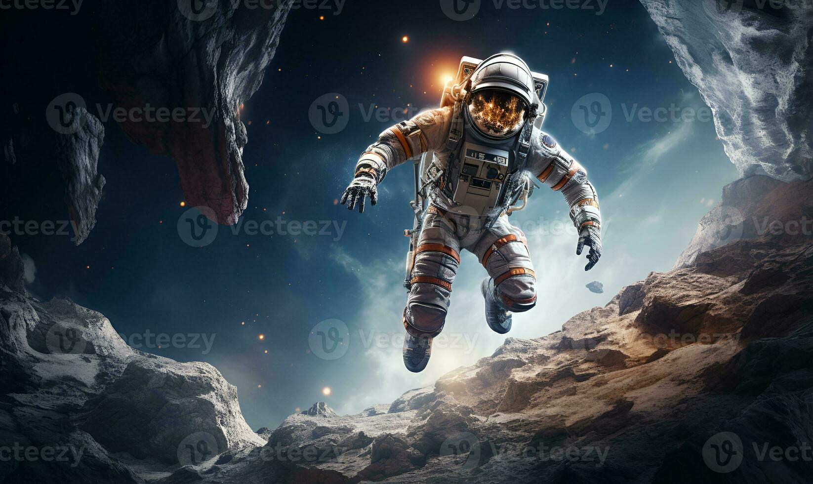 astronaut exploring extraterrestrial planets or moon, ai generative photo