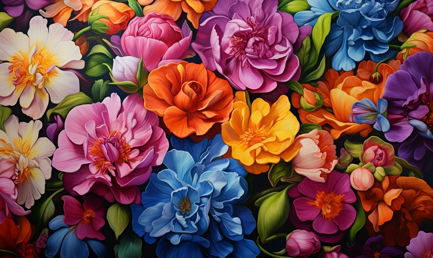 Painting background of various flowers full screen embossed, AI generative photo