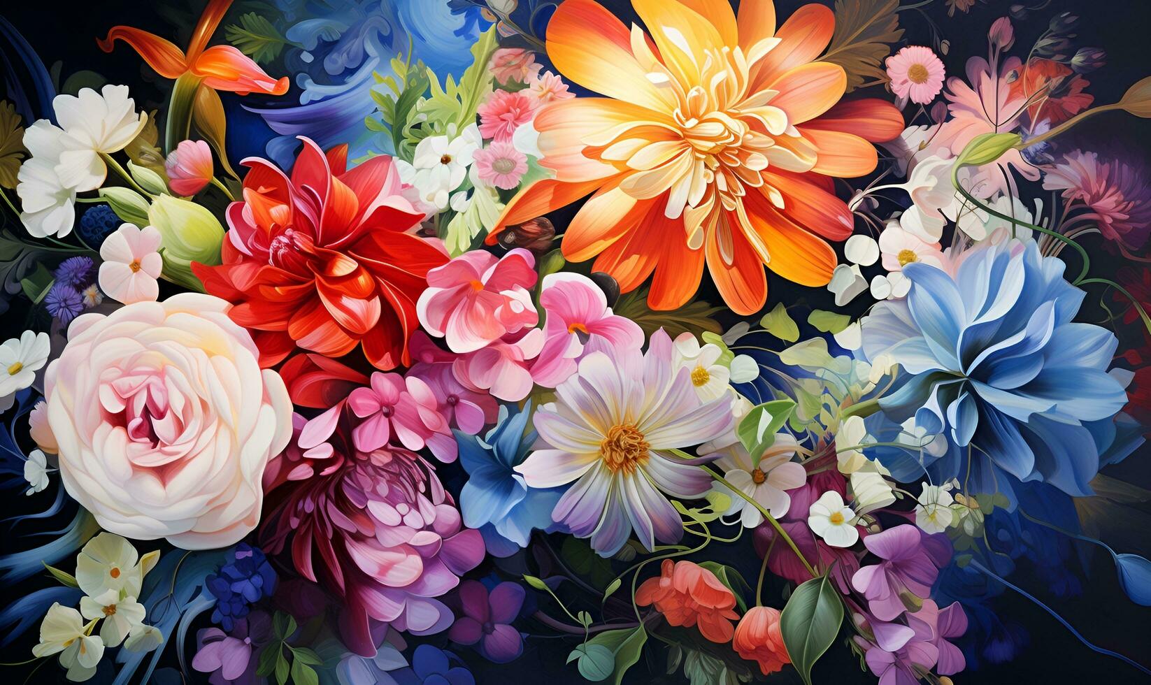 Painting background of various flowers full screen embossed, AI generative photo