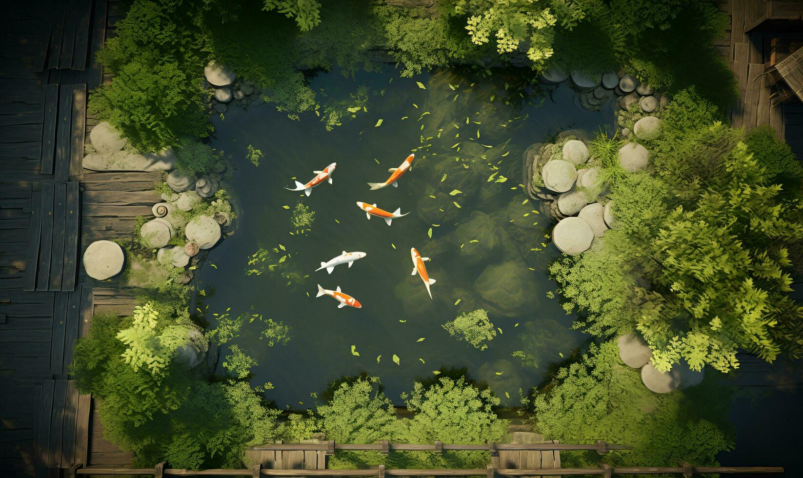 Japanese koi fish pond view from above, ai generative photo