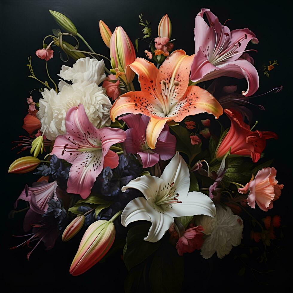 Painting background of various flowers full screen embossed, AI generative photo