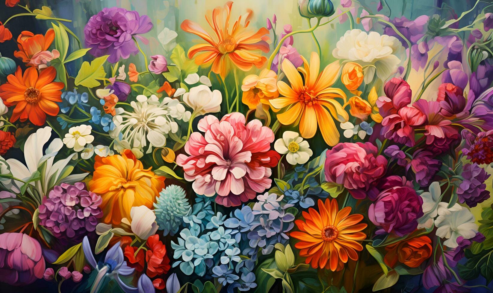 Painting background of various flowers full screen embossed, AI generative photo