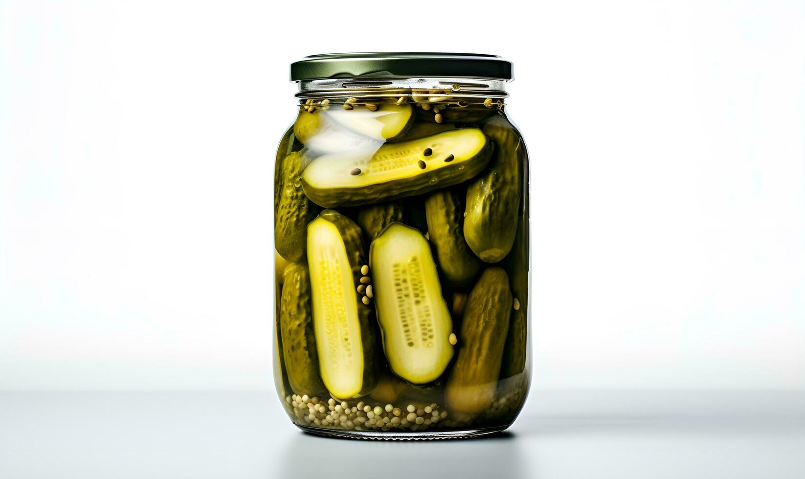 pickled cucumber in a glass jar white background blank space, ai generative photo
