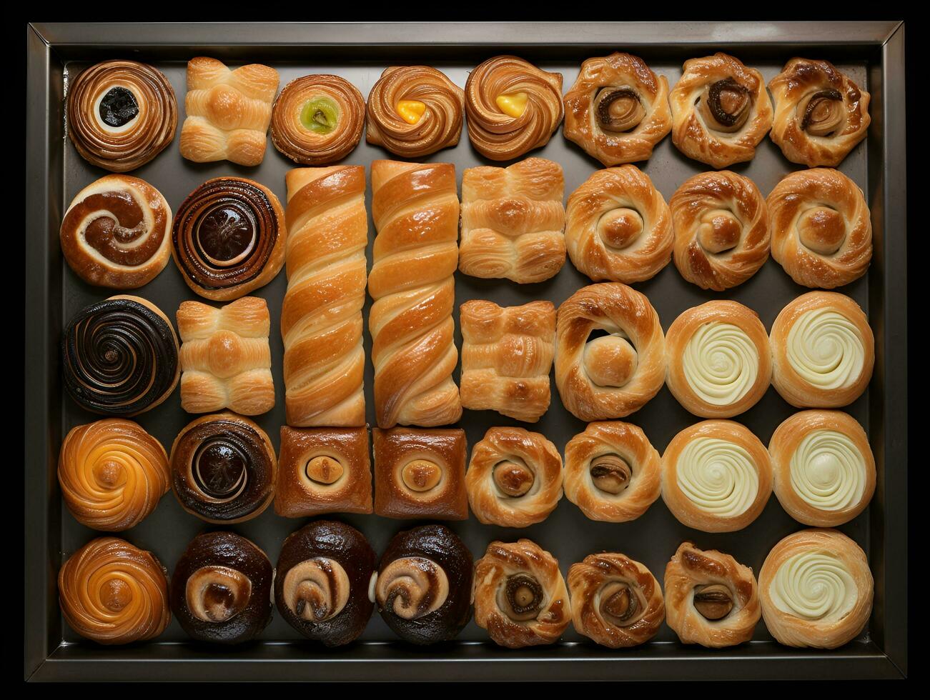 arrangement of various pastries on a tray view from above, ai generative photo