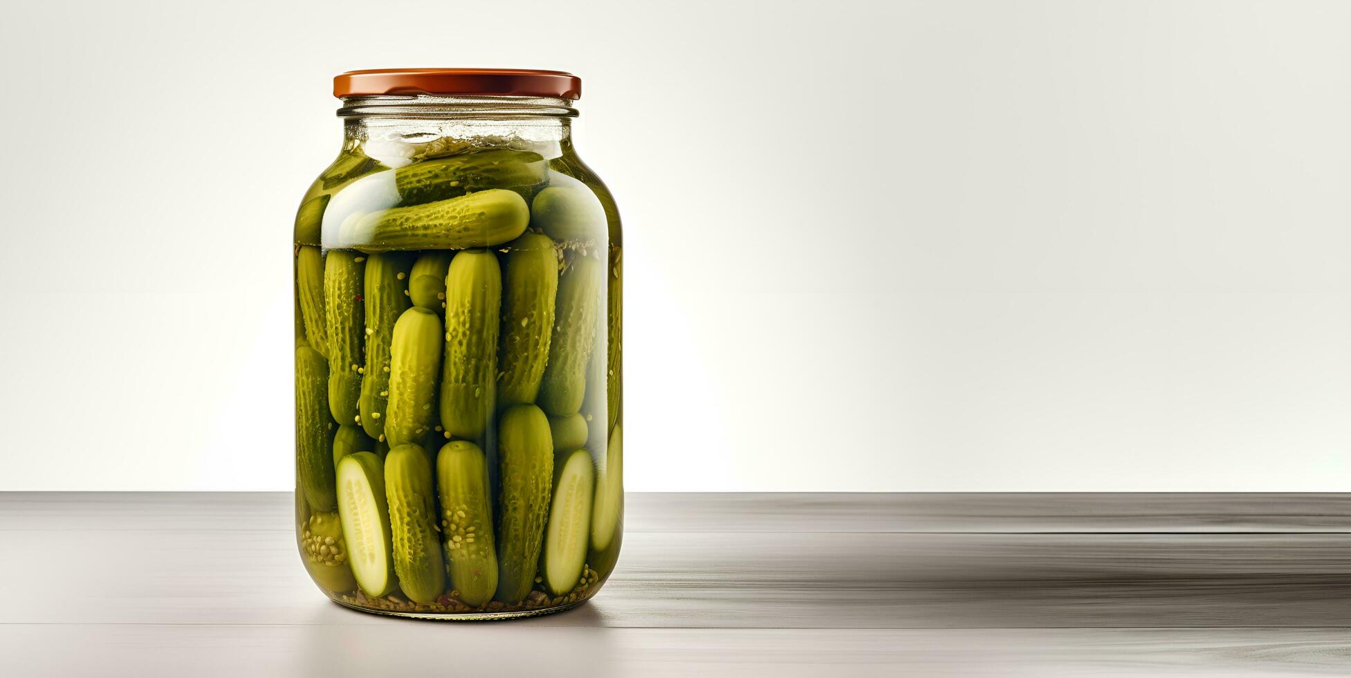 pickled cucumber in a glass jar white background blank space, ai generative photo