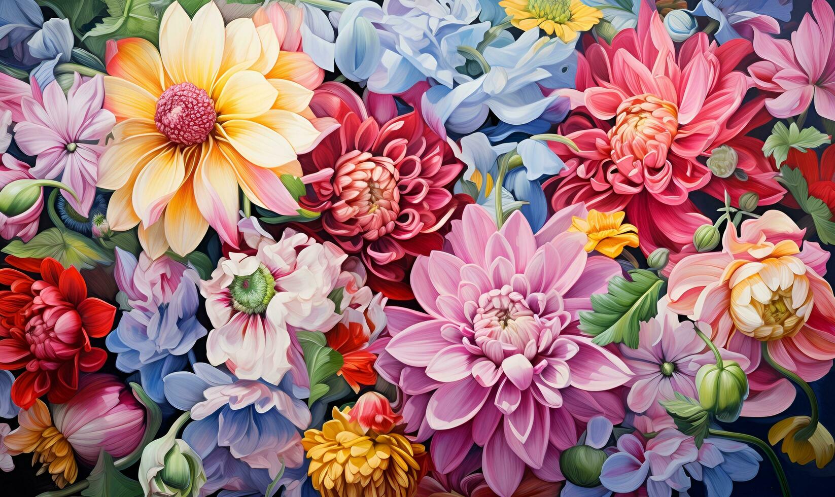 Painting background of various flowers full screen embossed, AI generative photo