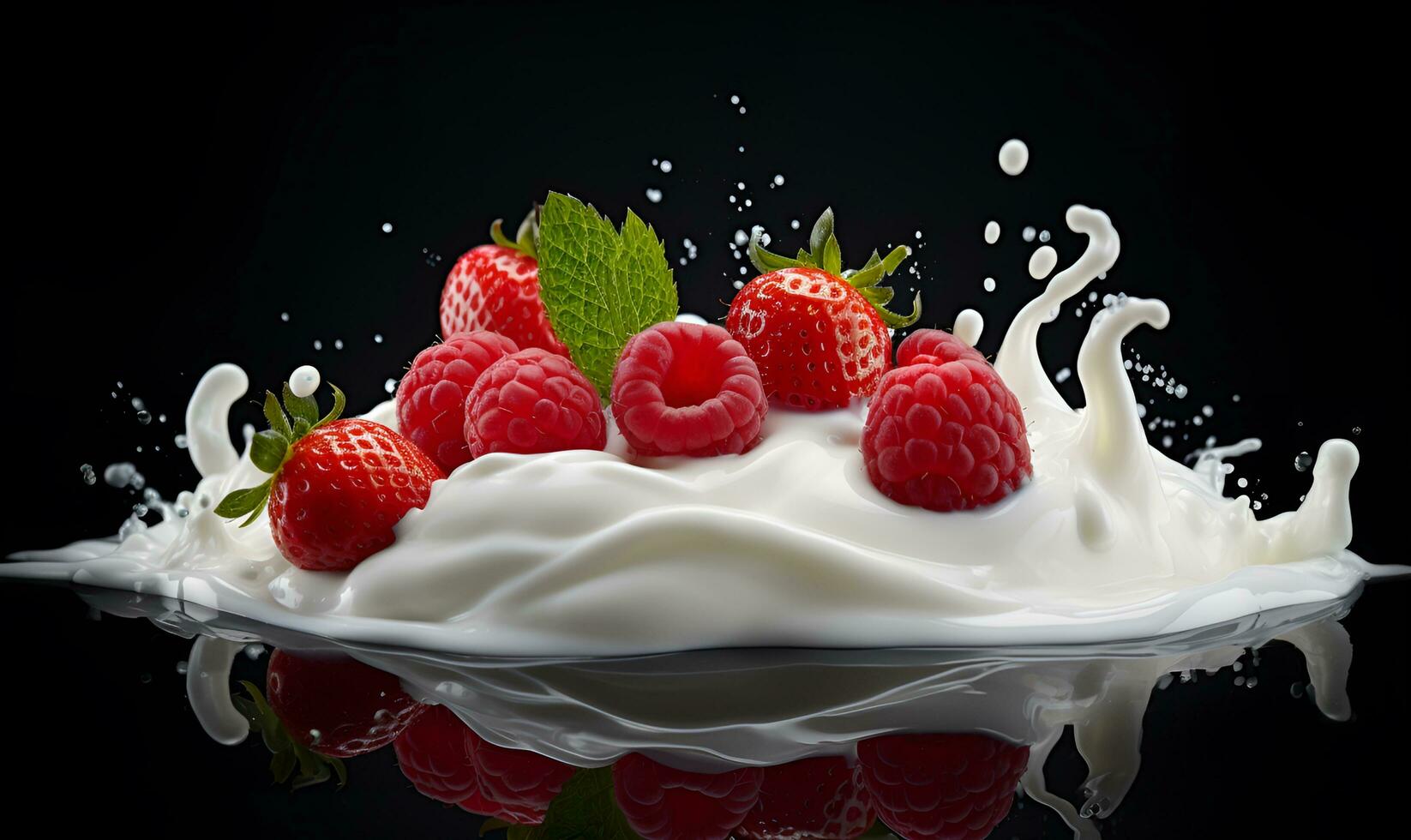 splash milk onto berries, ai generative photo