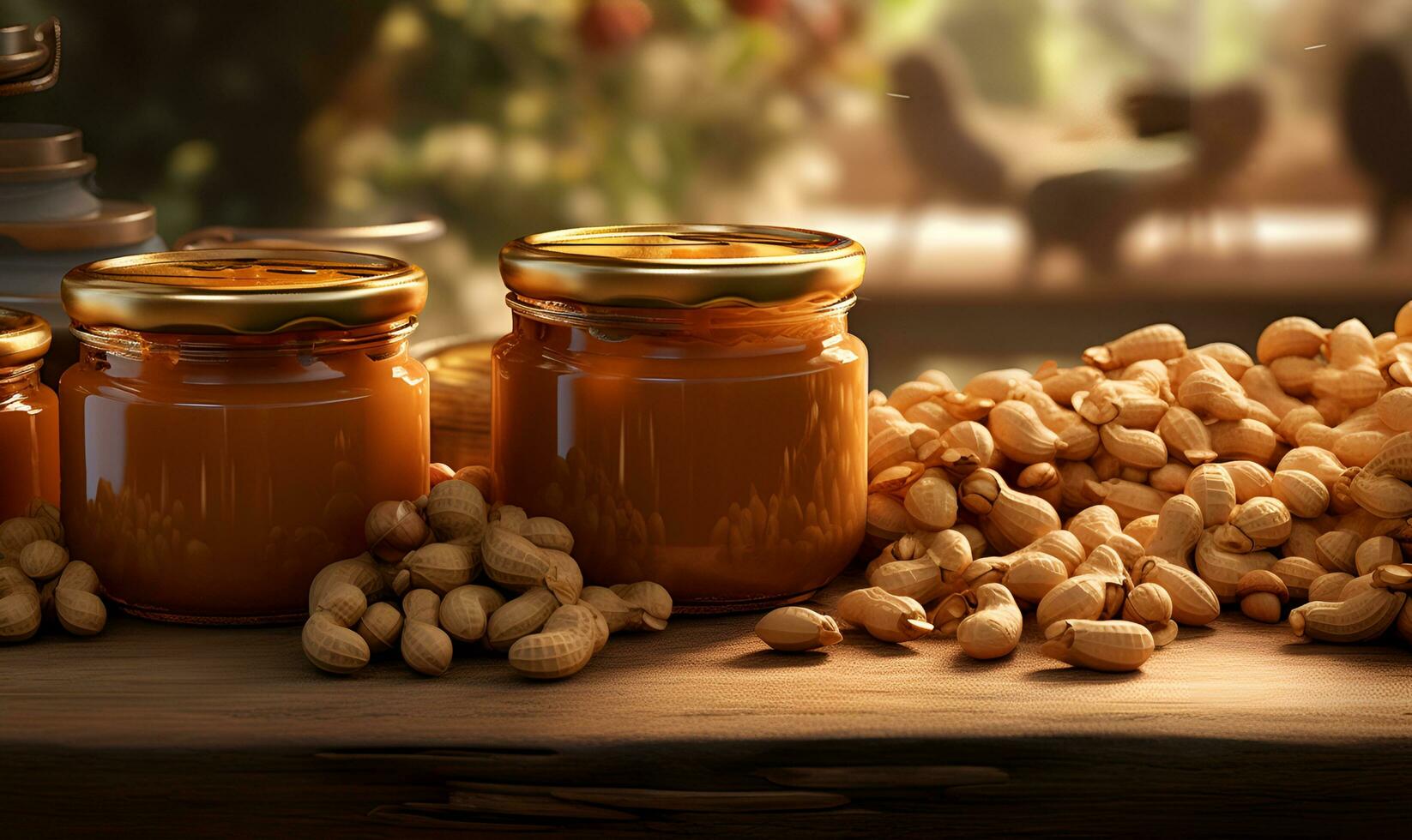 jars of peanut butter and scattered nuts, ai generative photo