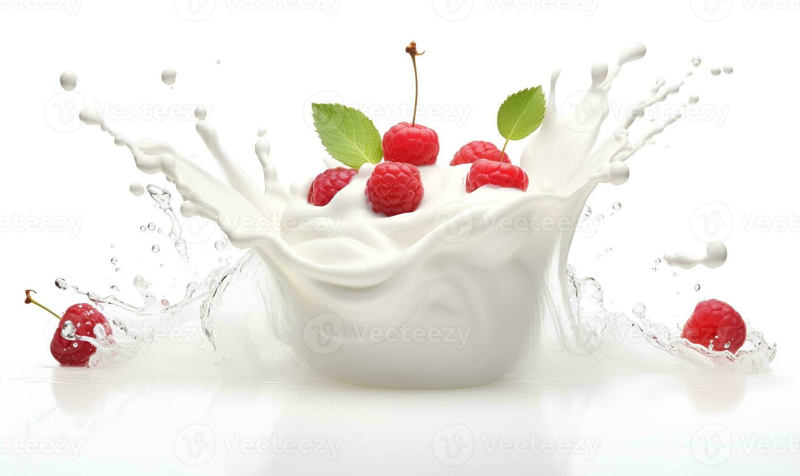 macro of a bowl of yogurt and berries white background, ai generative photo