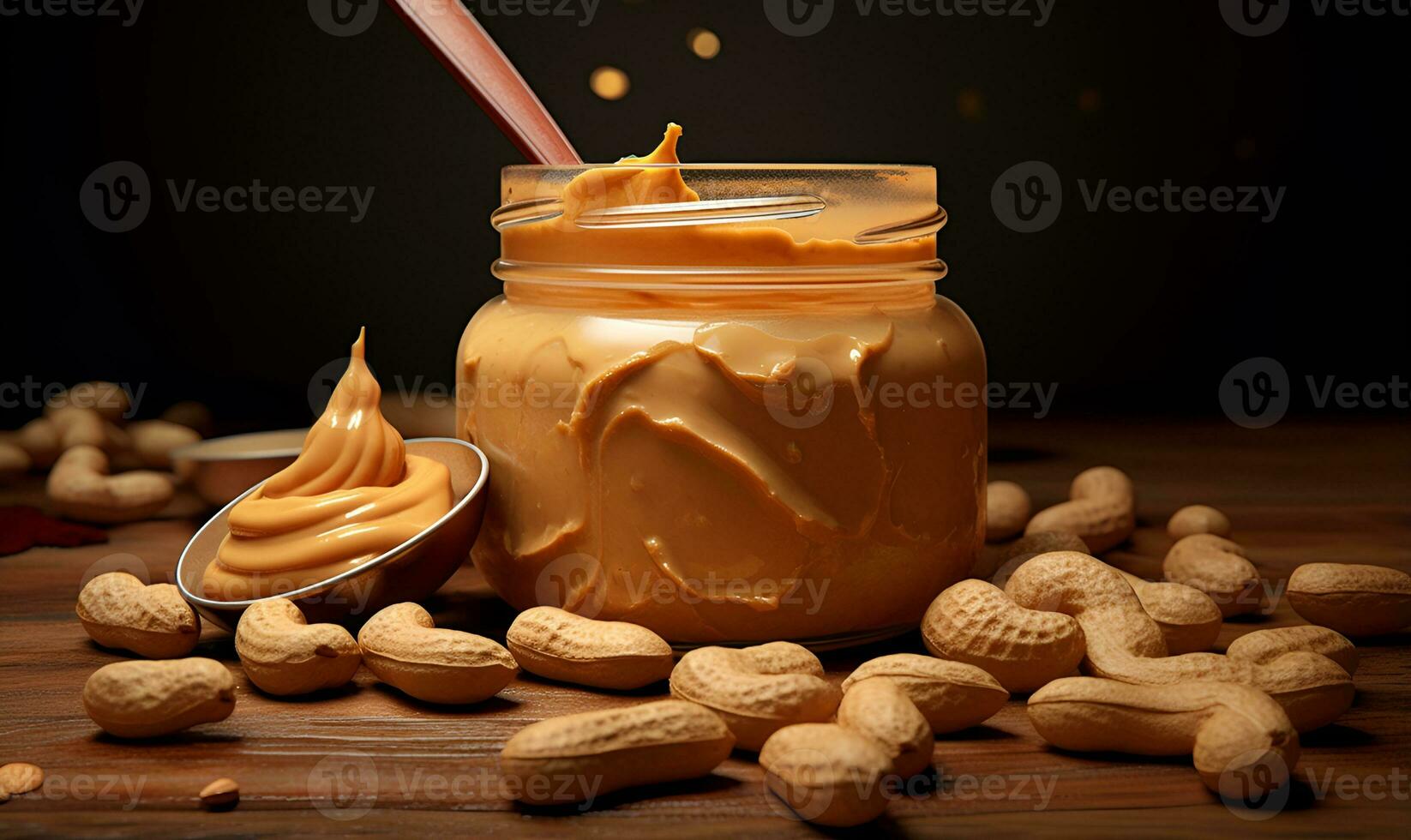 jars of peanut butter and scattered nuts, ai generative photo