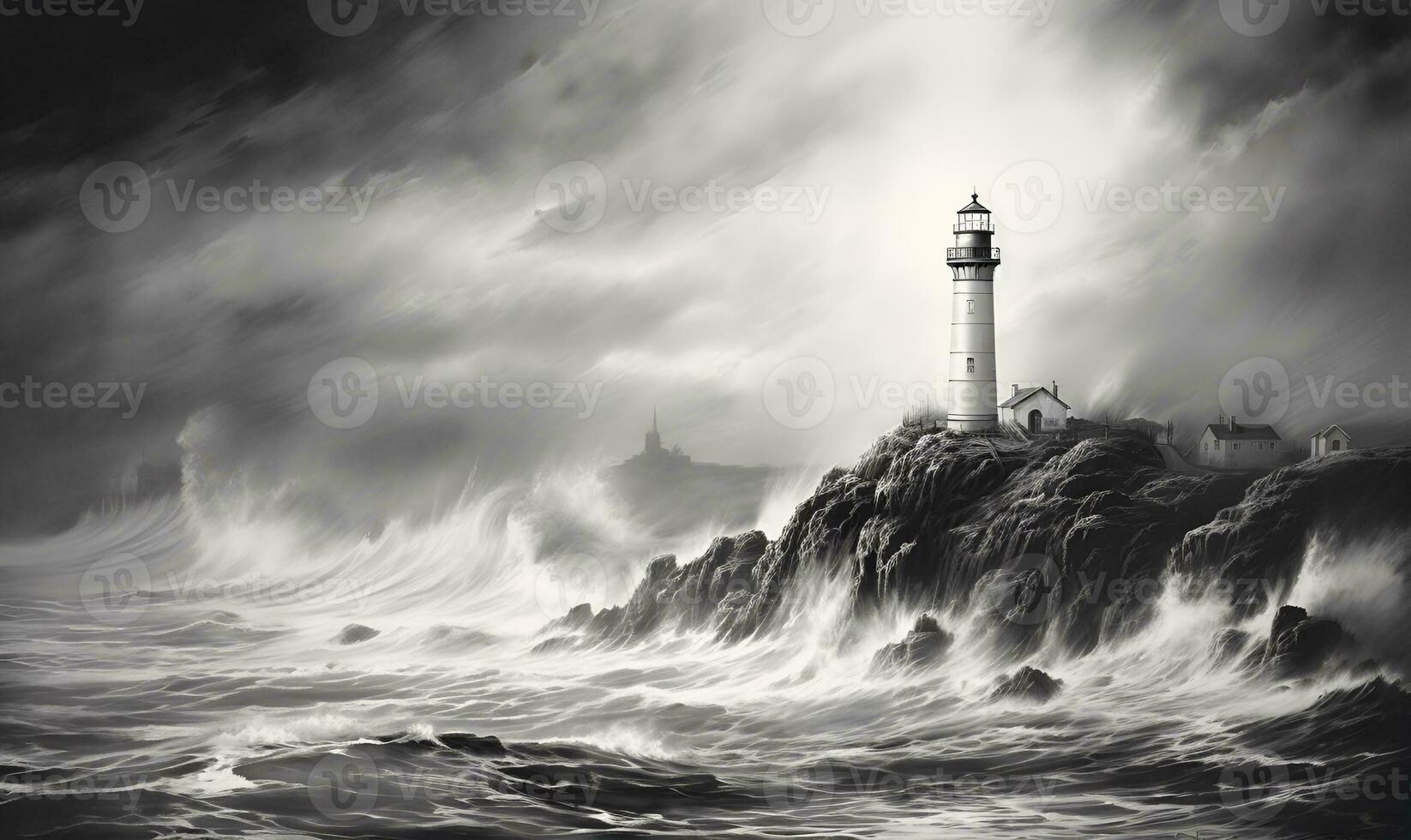 pencil drawing of rocky seashore and lighthouse, ai generative photo