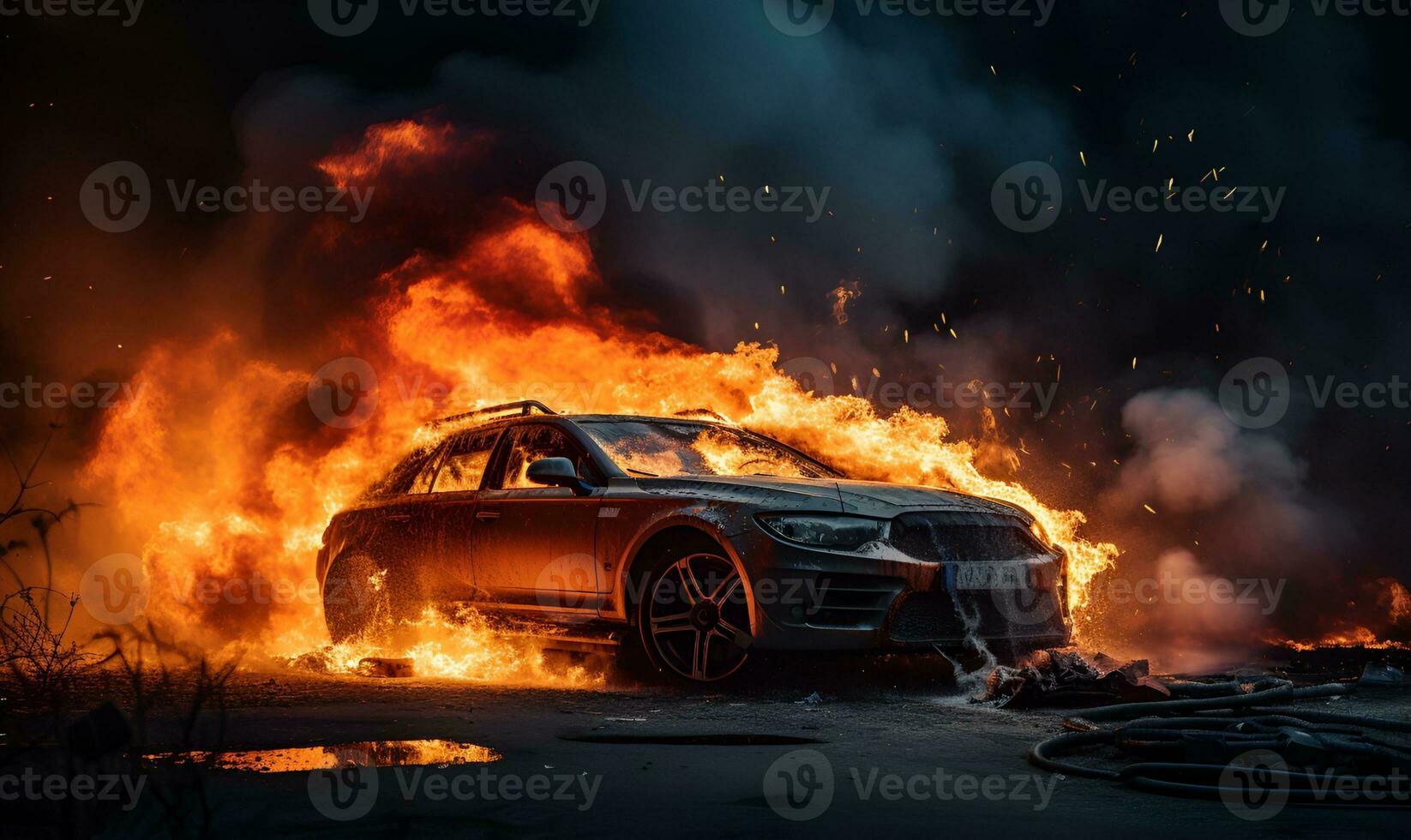 coche accidente en fuego, ai generativo foto