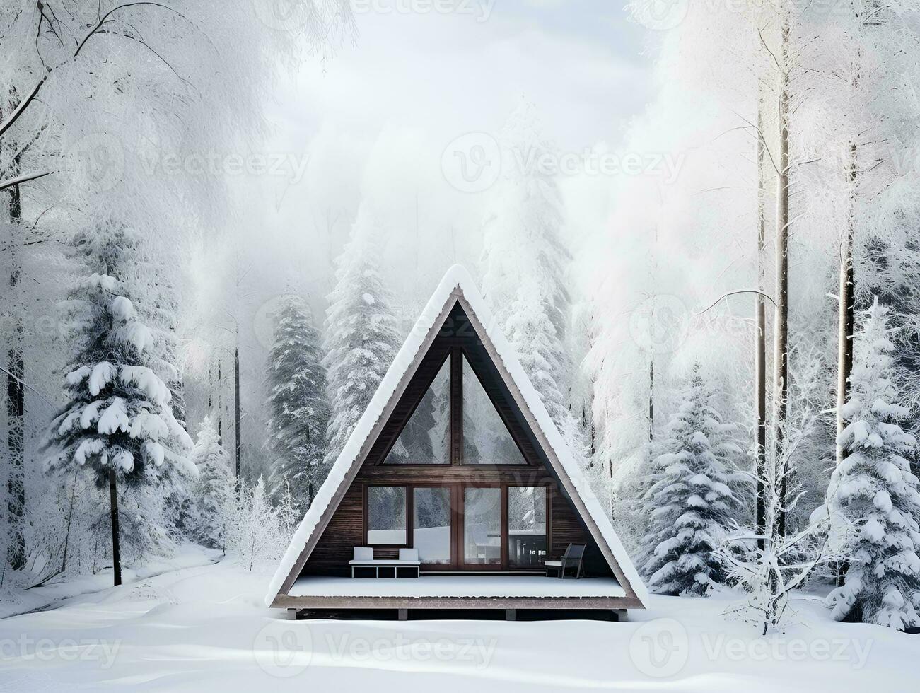 triangular cabin in winter snowy forest, ai generative photo