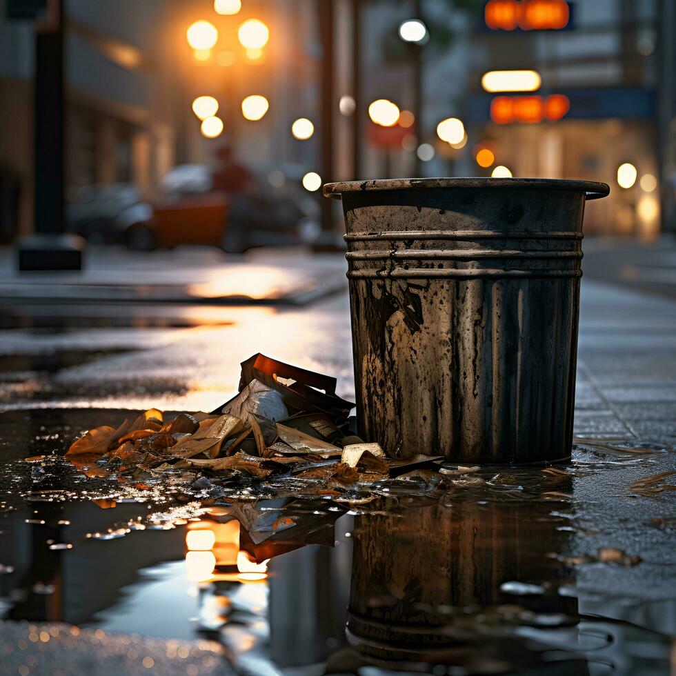 basura caja en el ciudad con dispersado basura, generativo ai foto