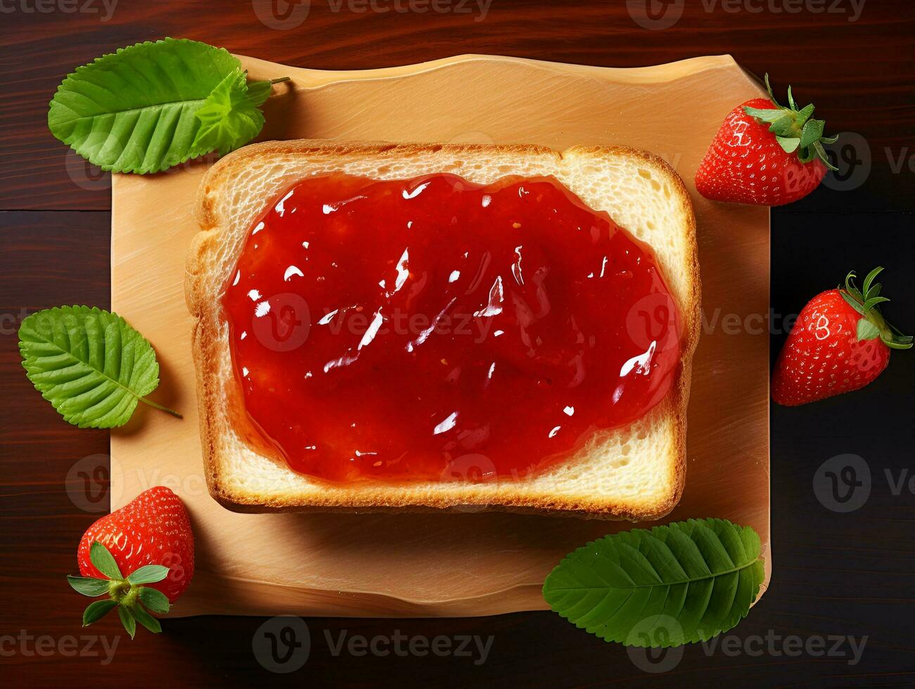 white bread with strawberry jam view from above, ai generative photo