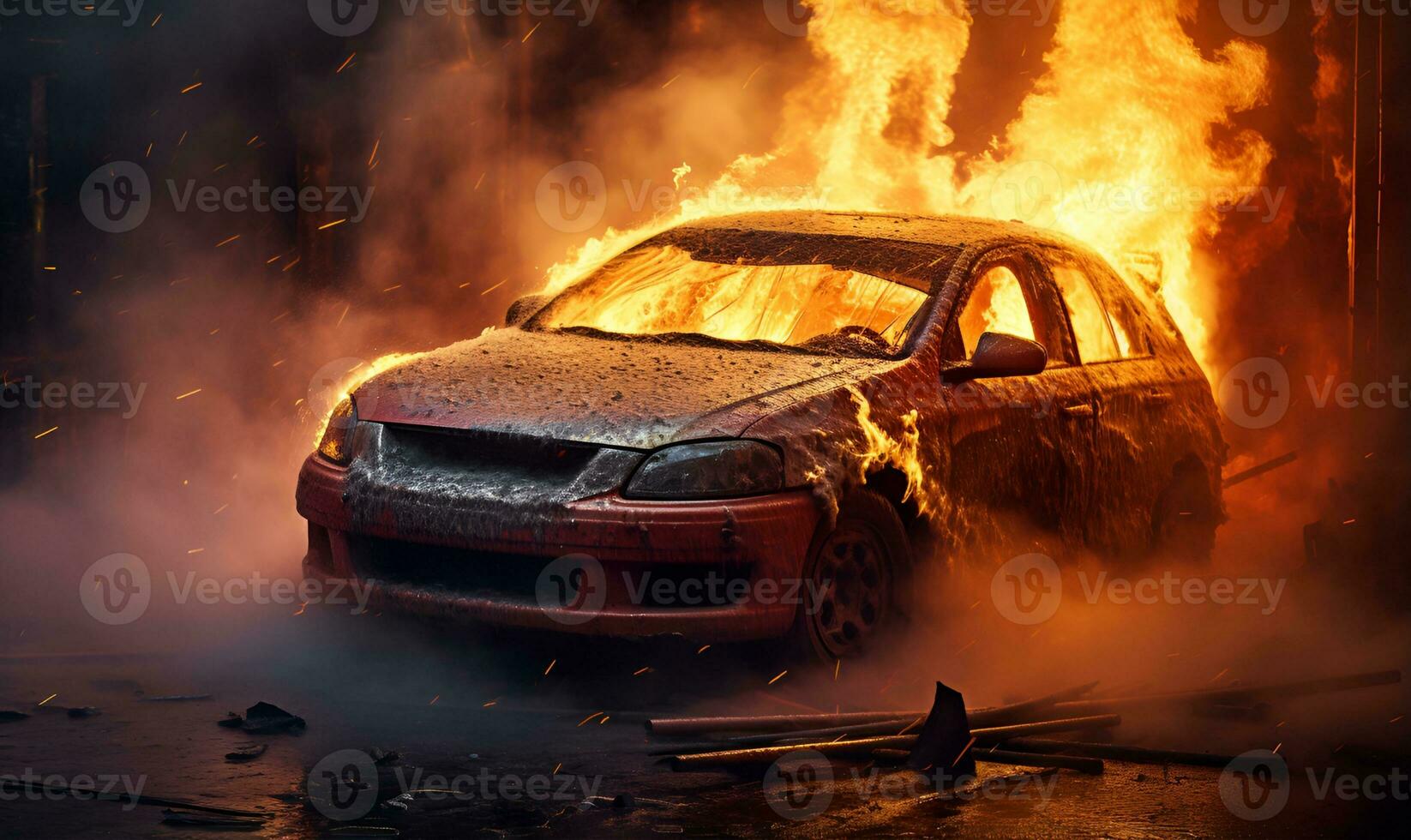 coche accidente en fuego, ai generativo foto