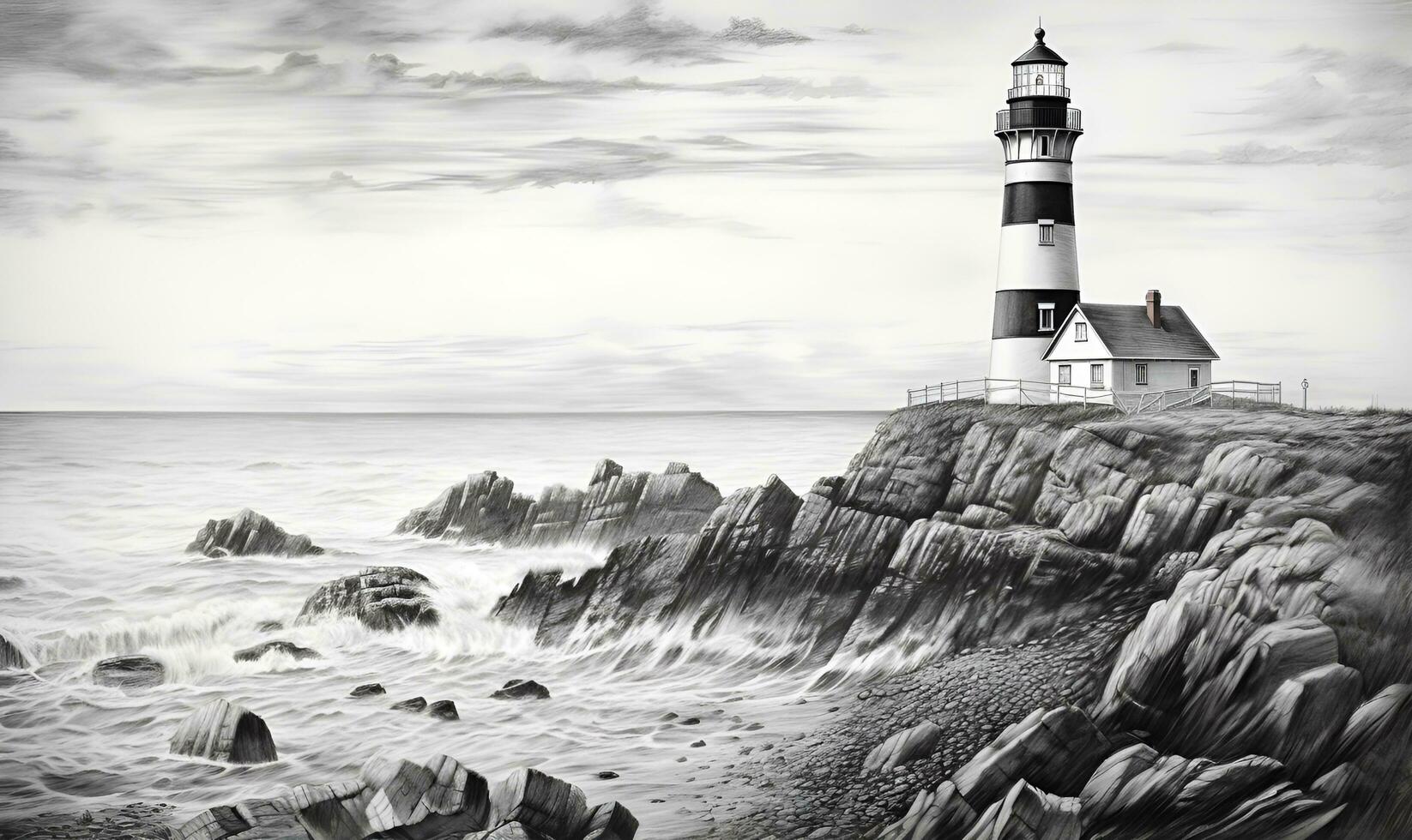 pencil drawing of rocky seashore and lighthouse, ai generative photo