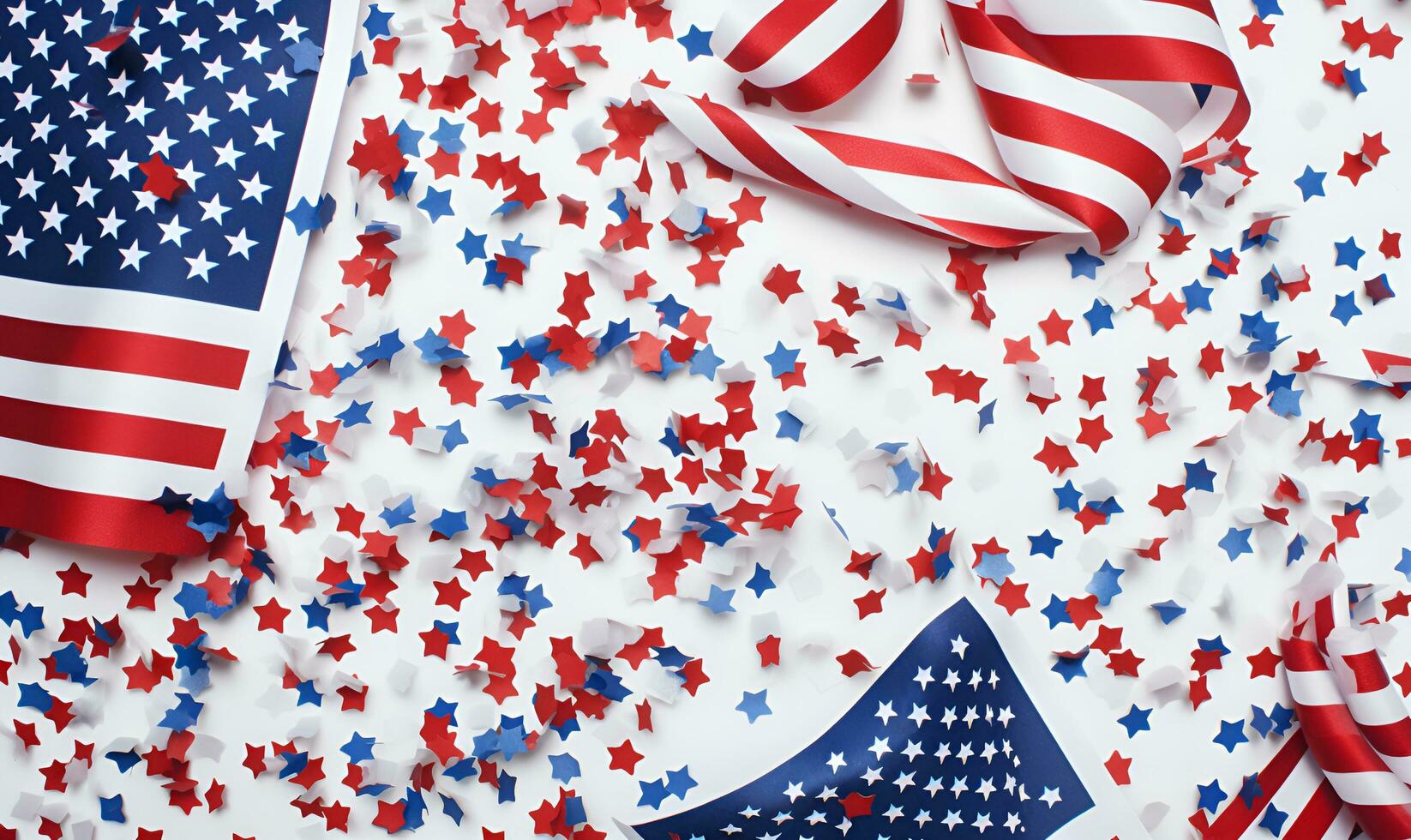 american flag and confetti white background blank space, ai generative photo