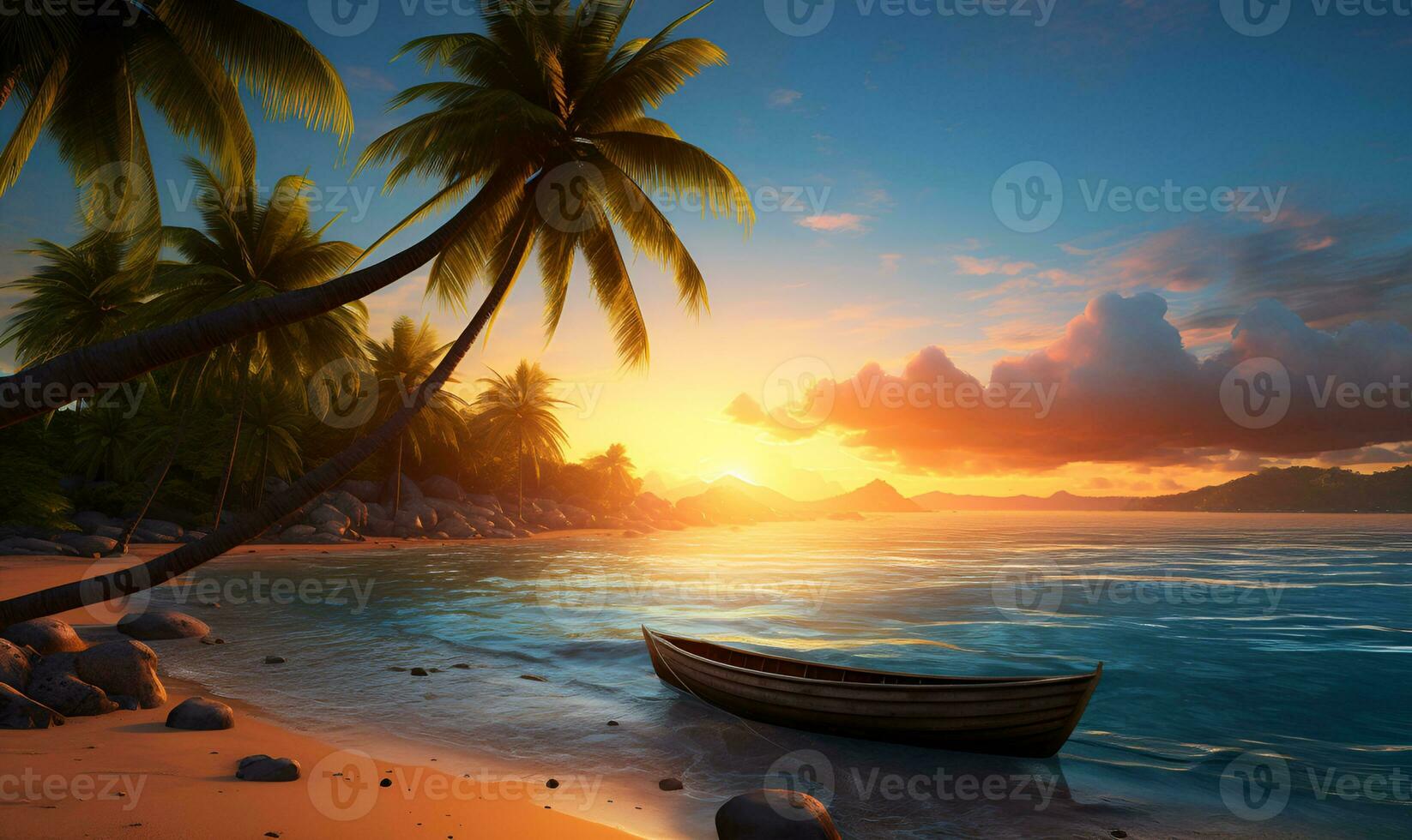 digital art beach with coconut trees, ai generative photo