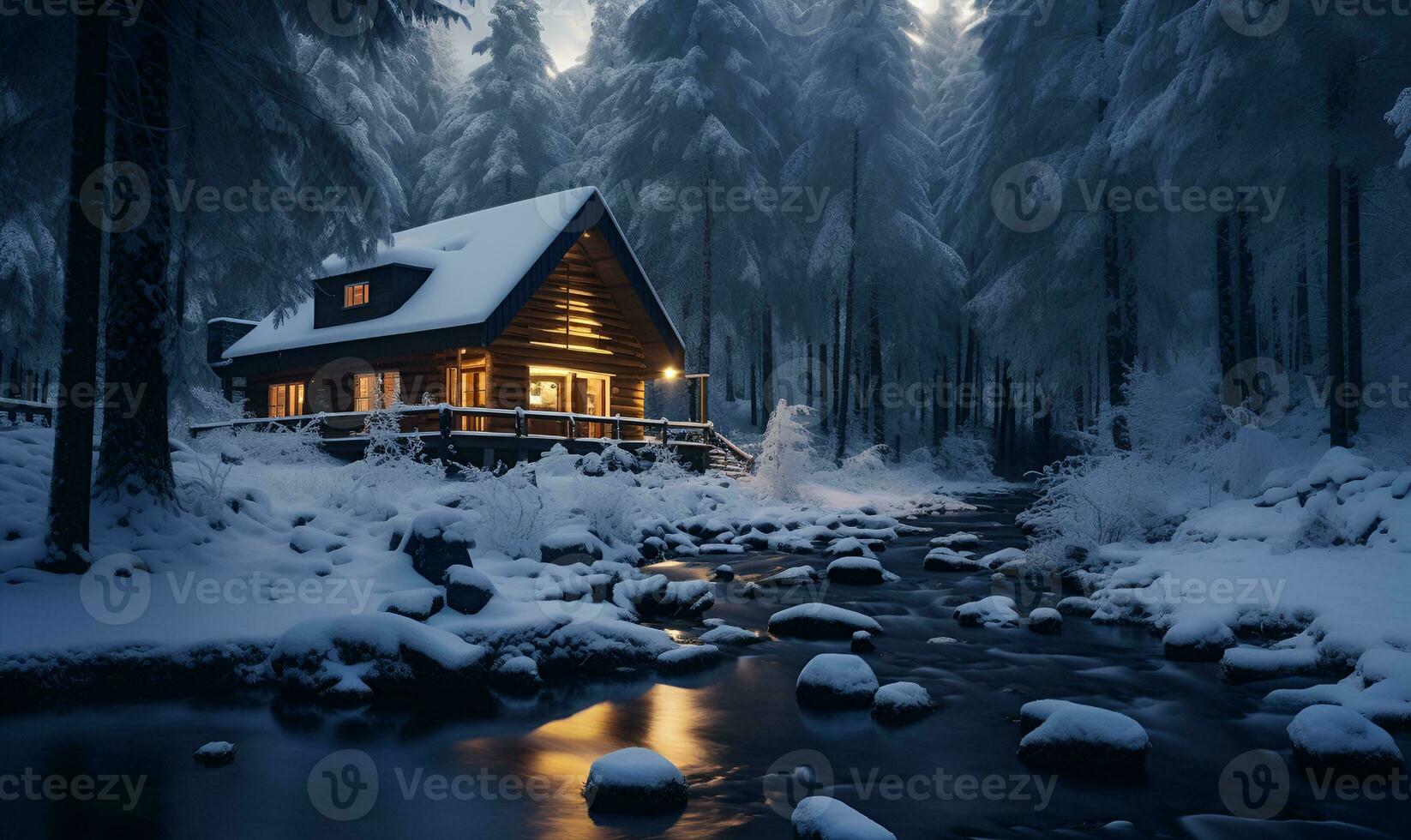 triangular cabin in winter snowy forest, ai generative photo