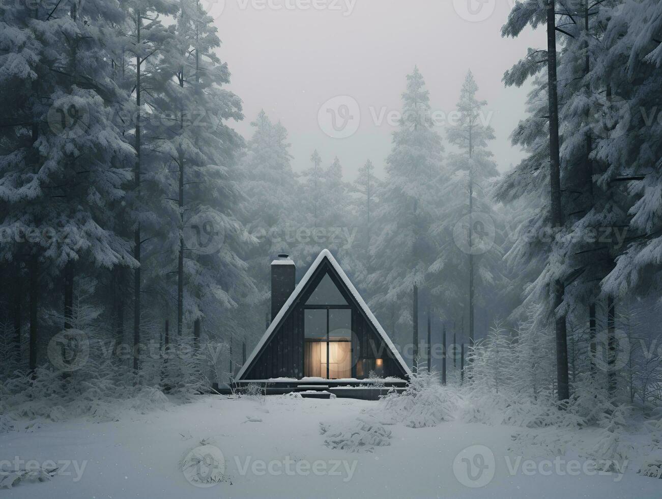 triangular cabin in winter snowy forest, ai generative photo