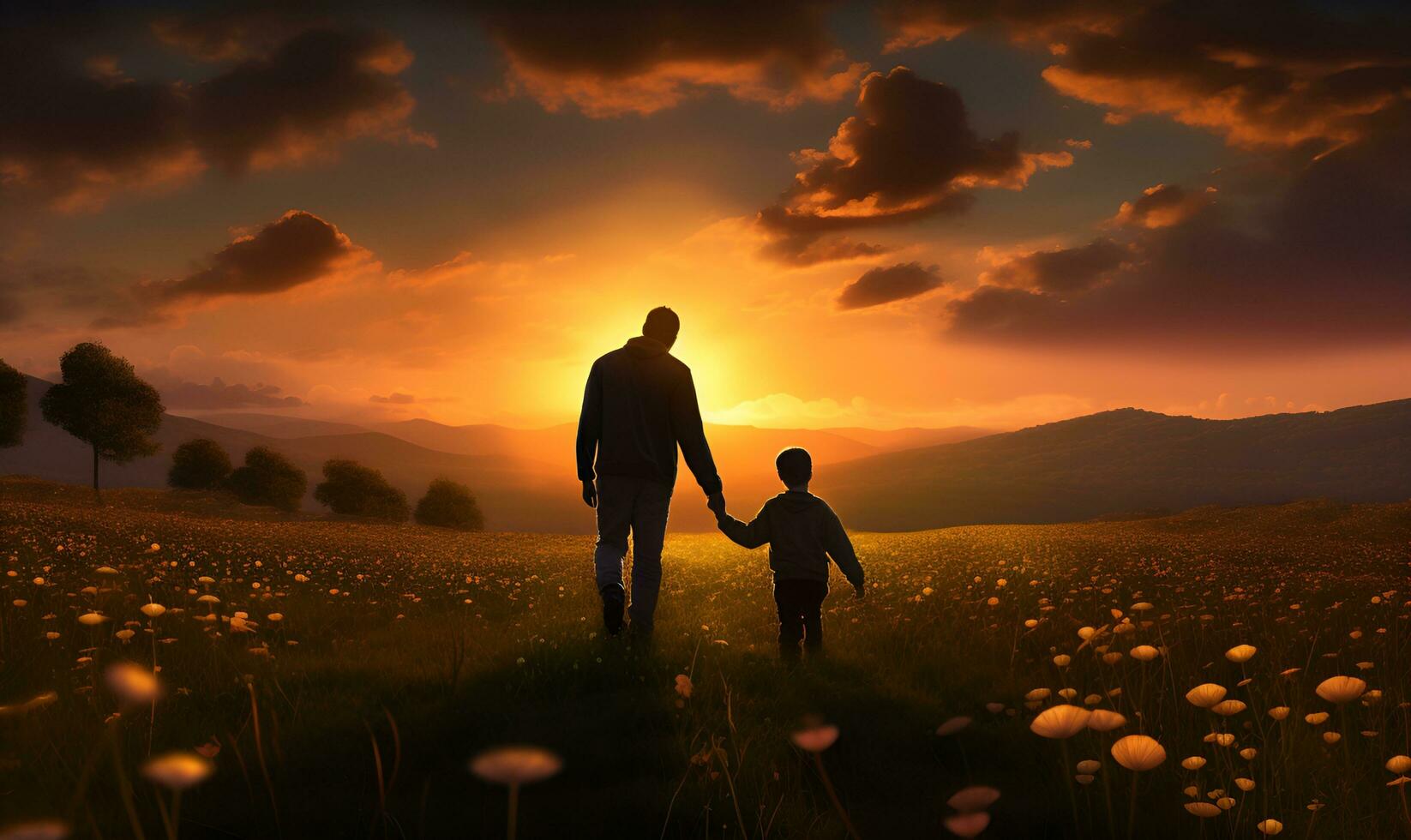 father and son silhouette in flower field at sunset, ai generative photo