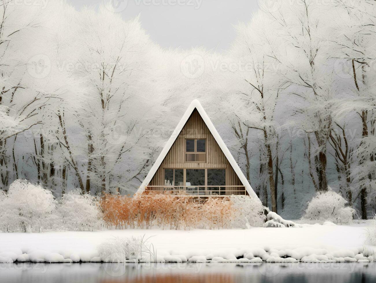 triangular cabin in winter snowy forest, ai generative photo