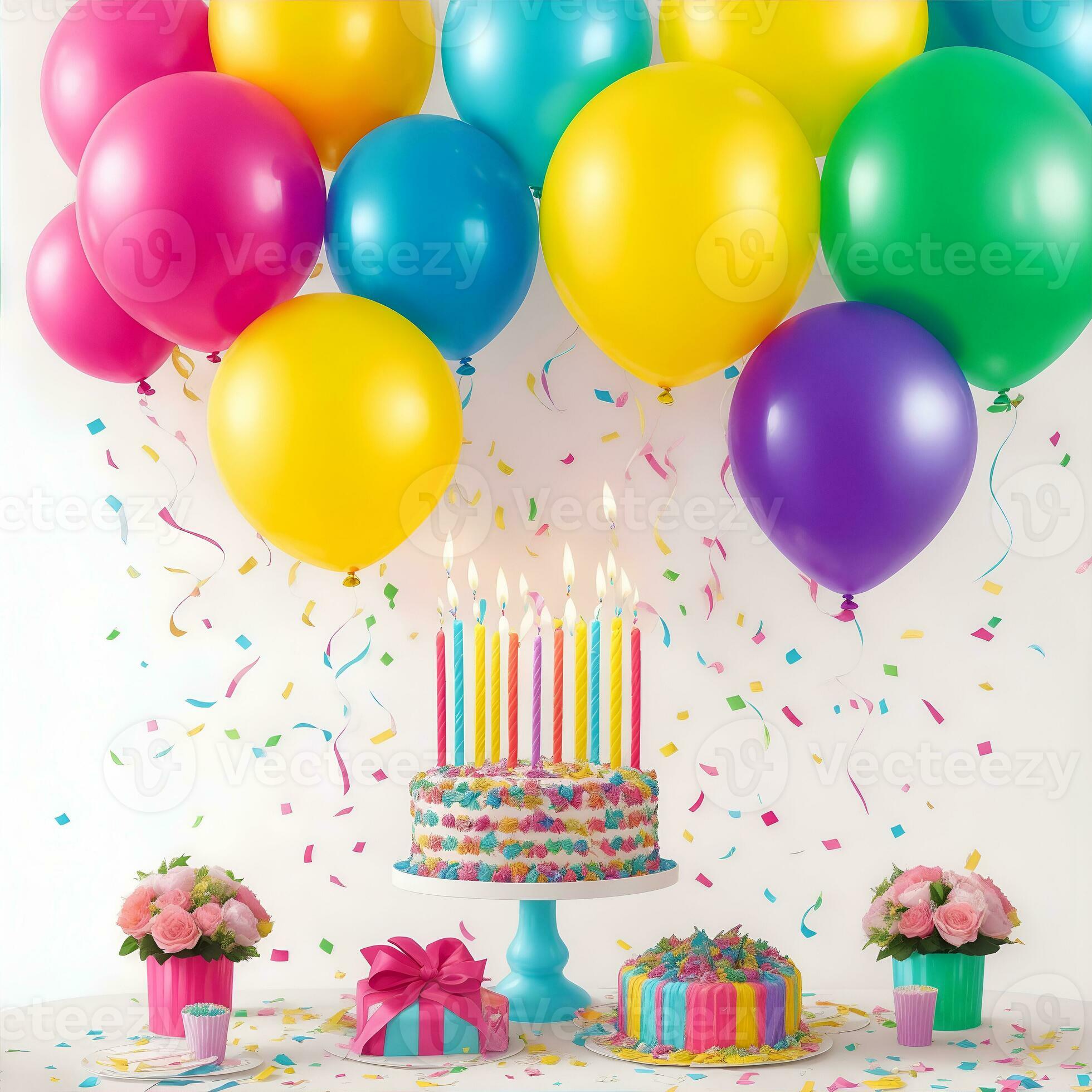 Beautiful happy birthday Background With Balloons, cake with candles by