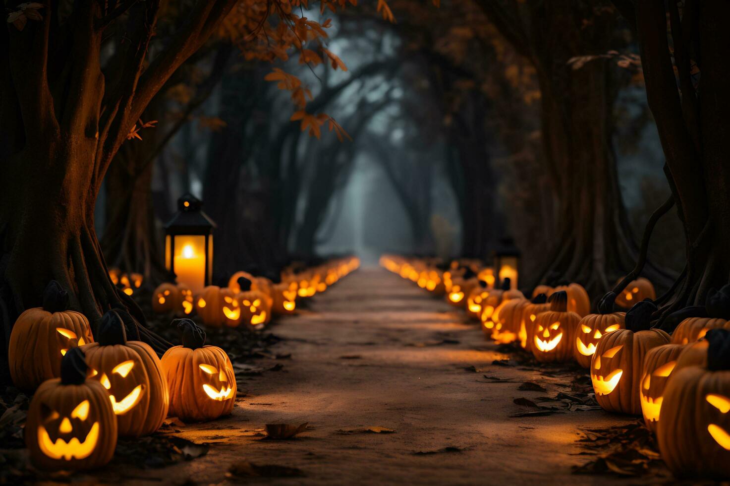 Glowing spooky pumpkin lantern light up AI Generative photo