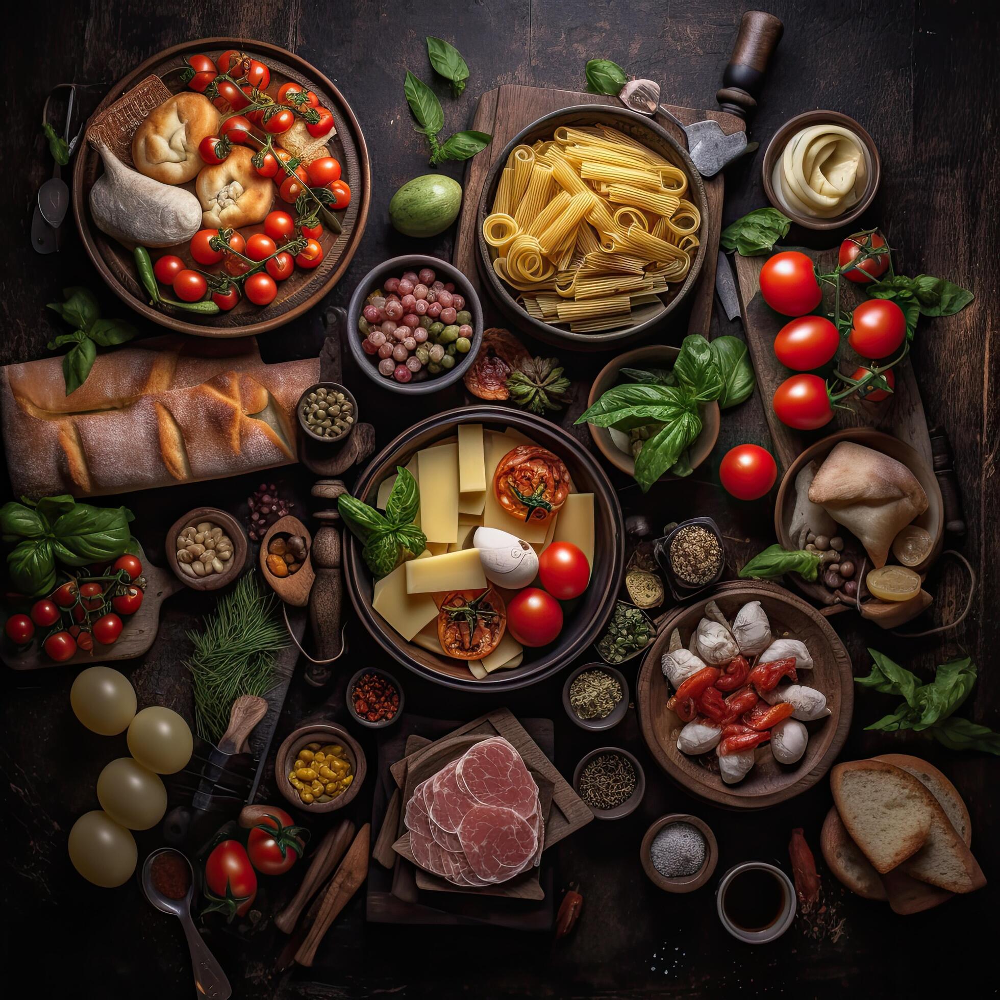 Assorted various Italian food on a dark rustic background,Generative AI