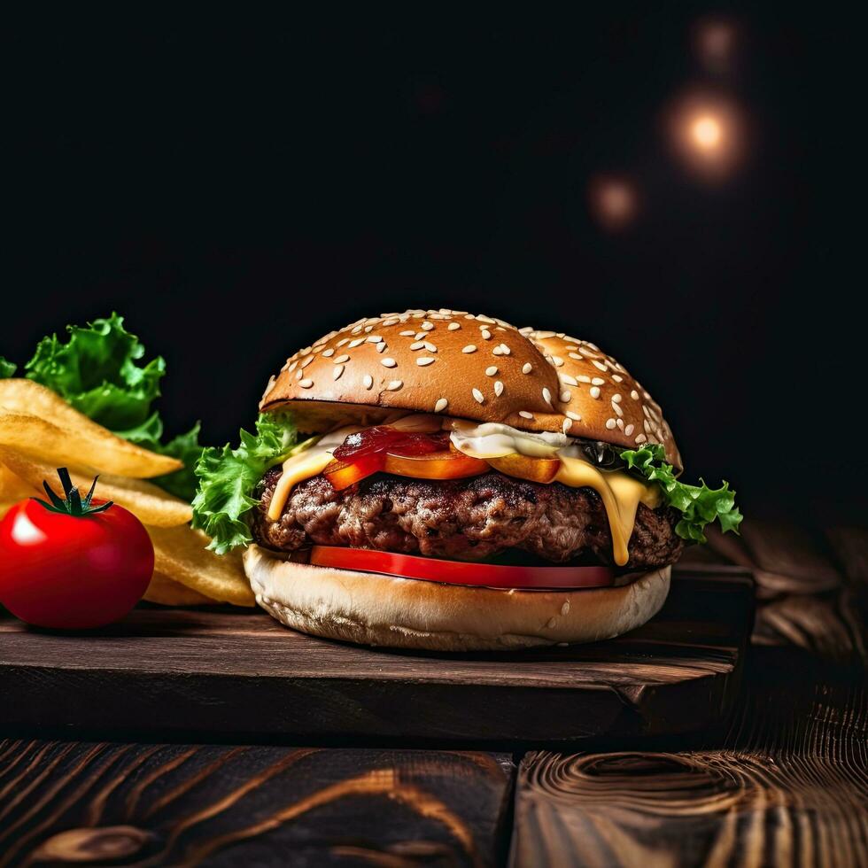 Hamburger, Germany food rustic style background, copy space,Generative AI. photo