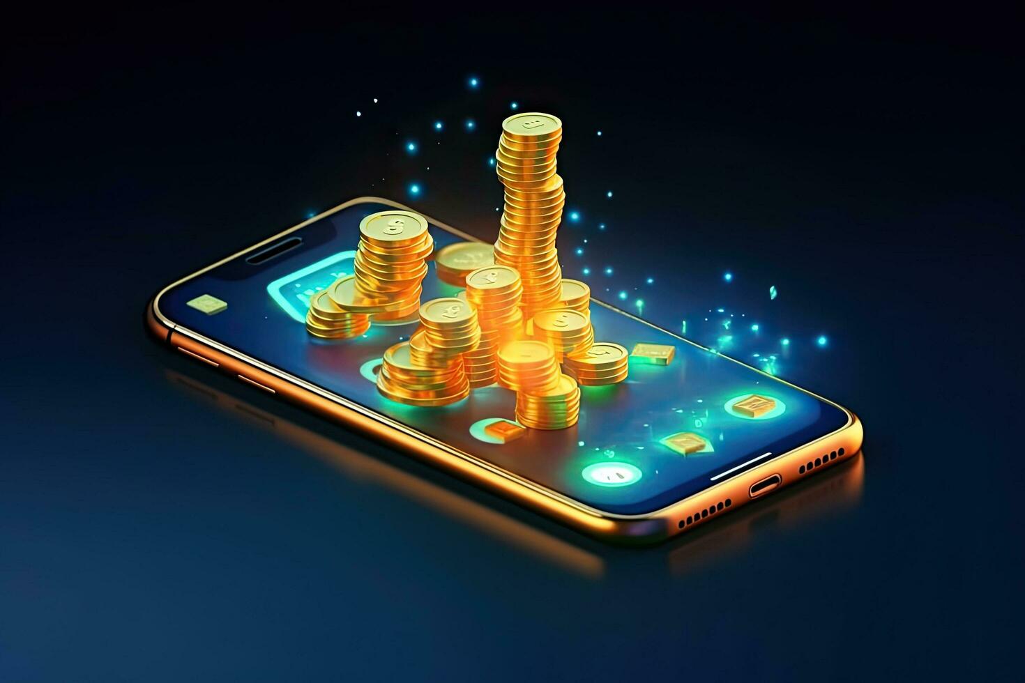 golden coins returning back from dark modern smartphone on light background,3D rendering,copy space.generative ai photo