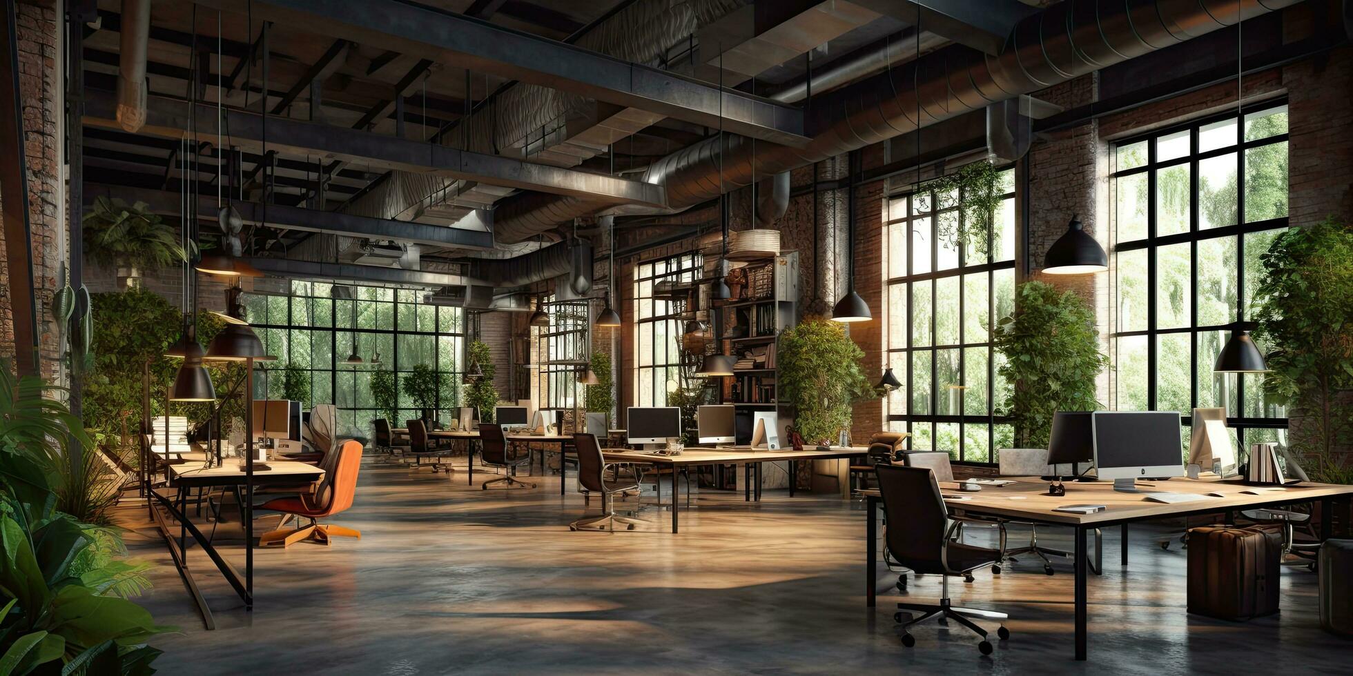 Industrial coworking office interior. 3D rendering,Generative AI. photo