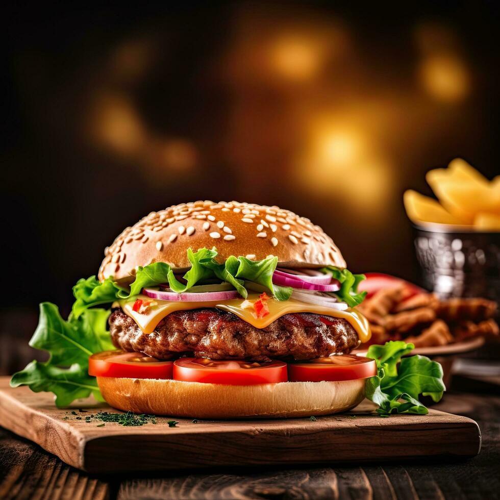 Hamburger, Germany food rustic style background, copy space,Generative AI. photo