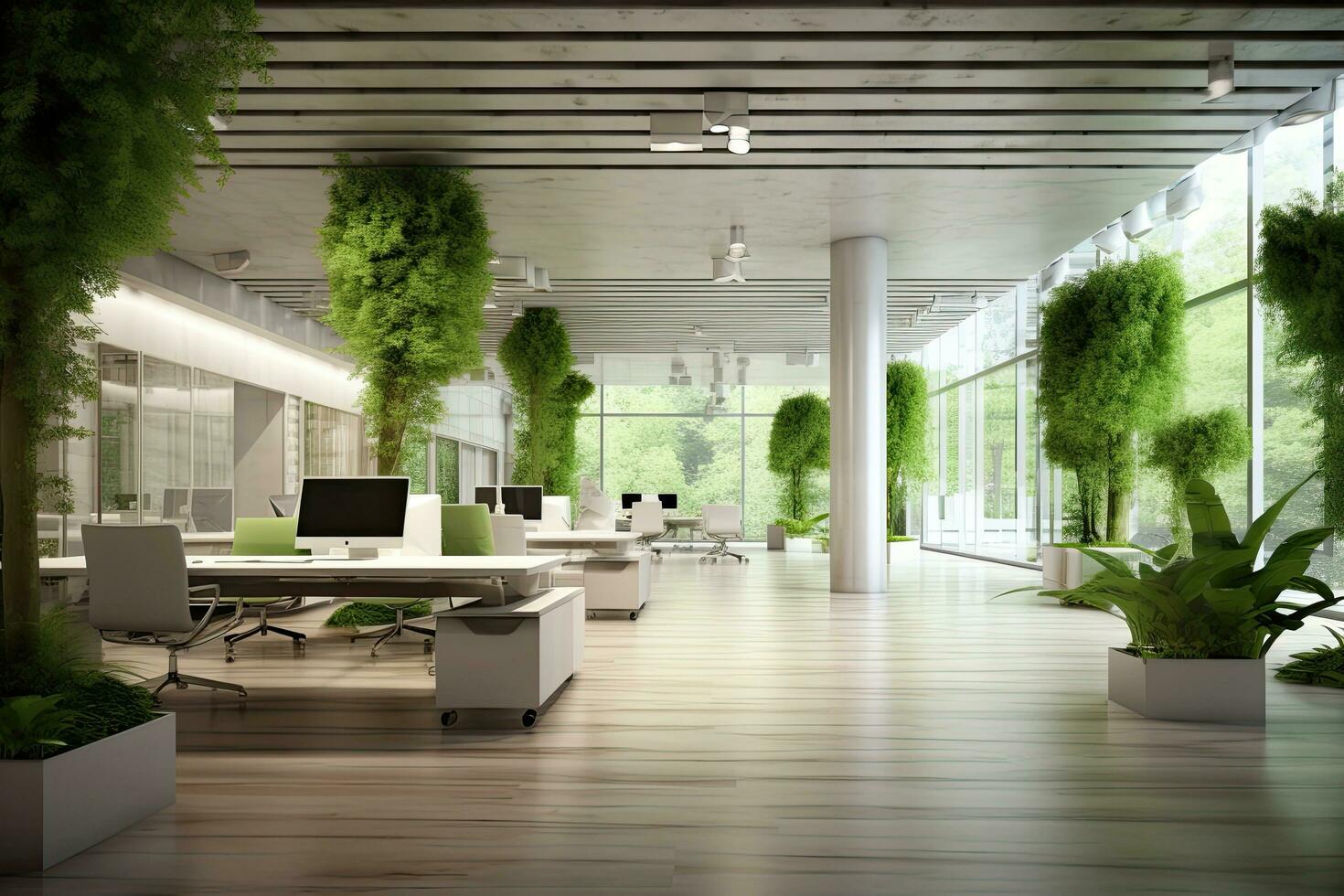 Modern office , interior with plant. 3D,Generative AI. photo