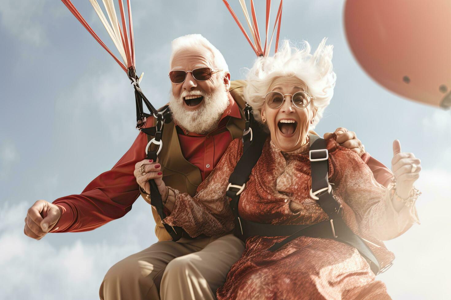 Happy senior couple retired , jumping in a parachute ,Generative AI photo